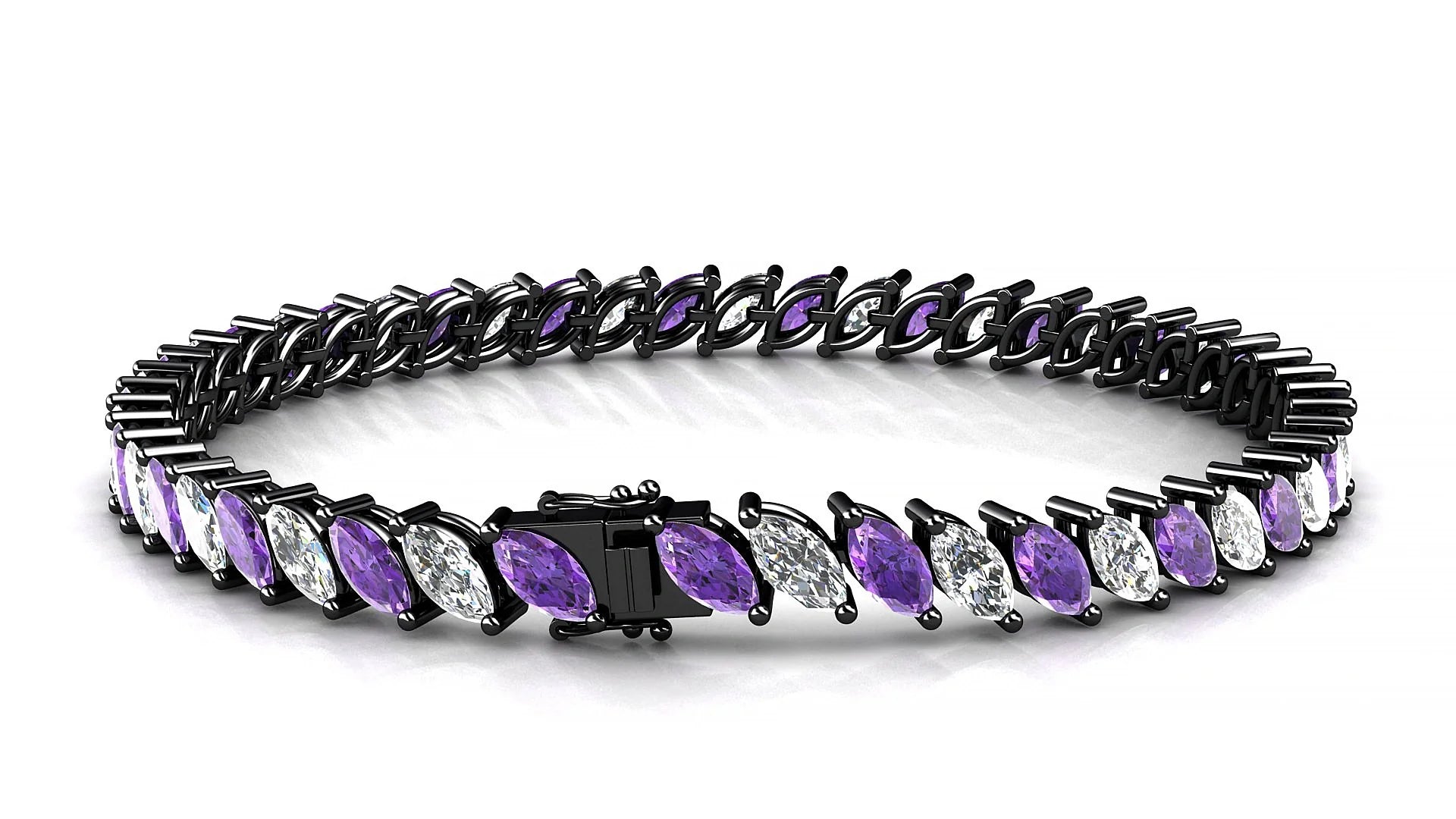 Venezia 1-1 | 18k Black Gold 6 x 3 mm Marquise Natural Amethyst & Diamond Tennis Bracelet