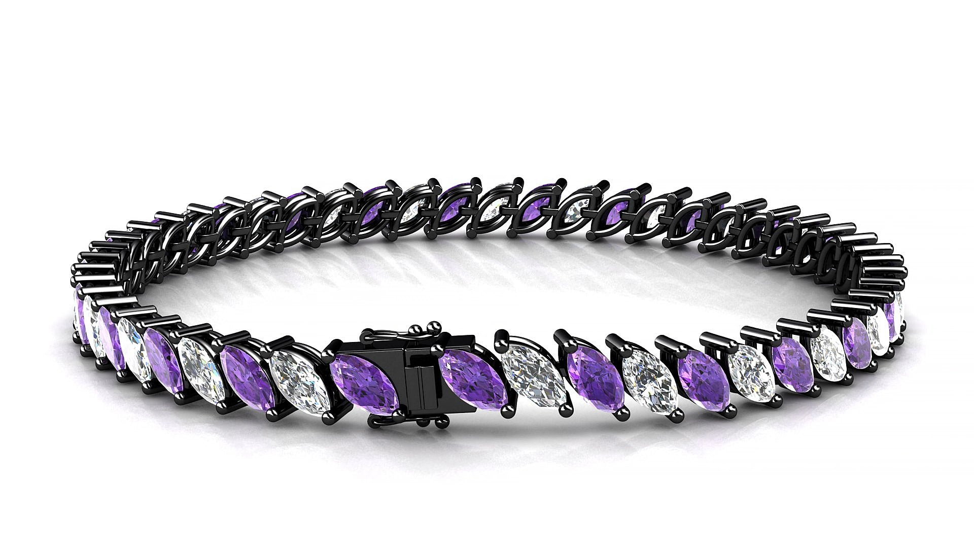 Venezia 1-1 | 18k Black Gold 6 x 3 mm Marquise Natural Amethyst & Diamond 15 cm Tennis Bracelet