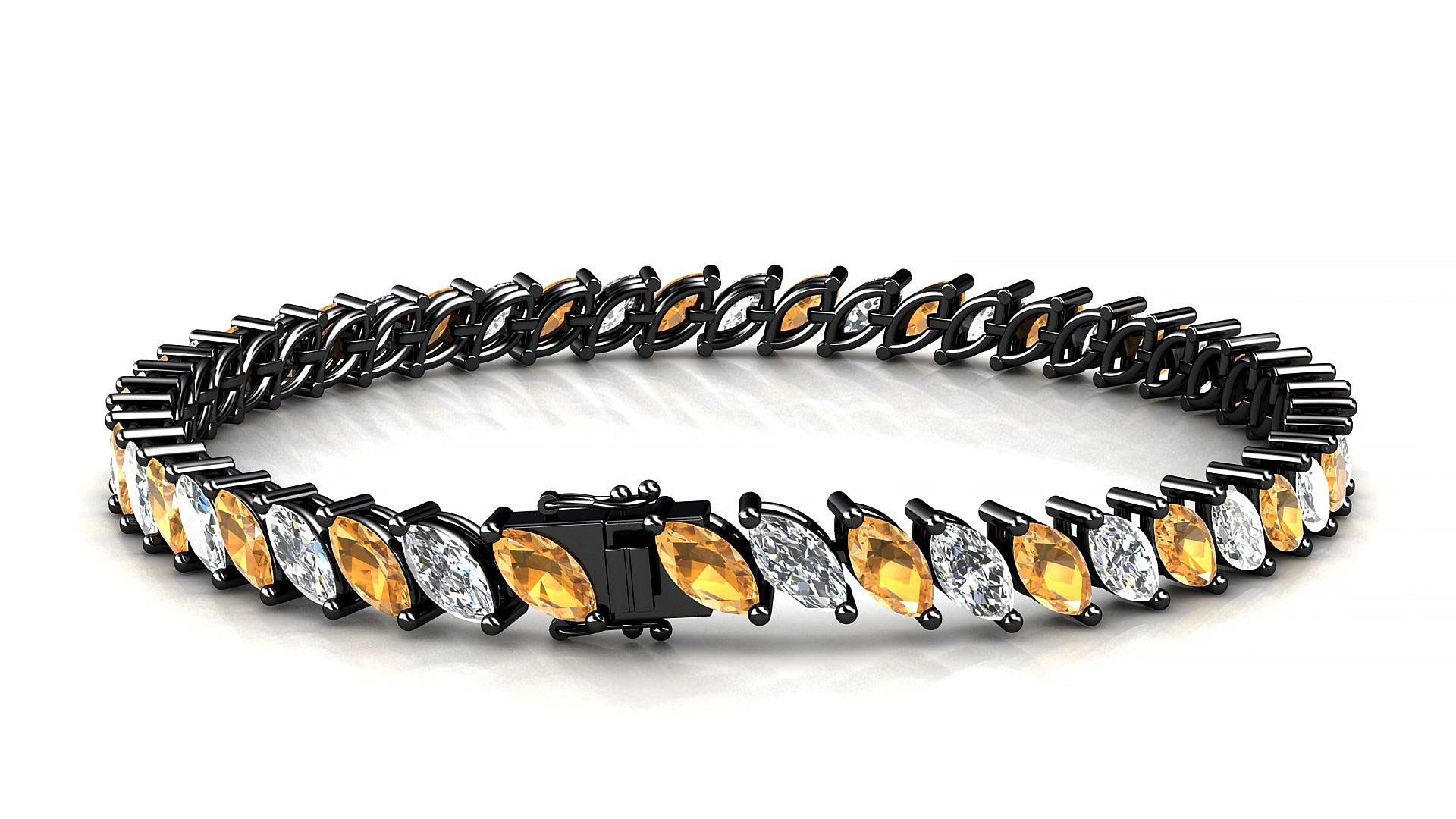 Venezia 1-1 | 18k Black Gold 6 x 3 mm Marquise Natural Citrine & Diamond 17 cm Tennis Bracelet