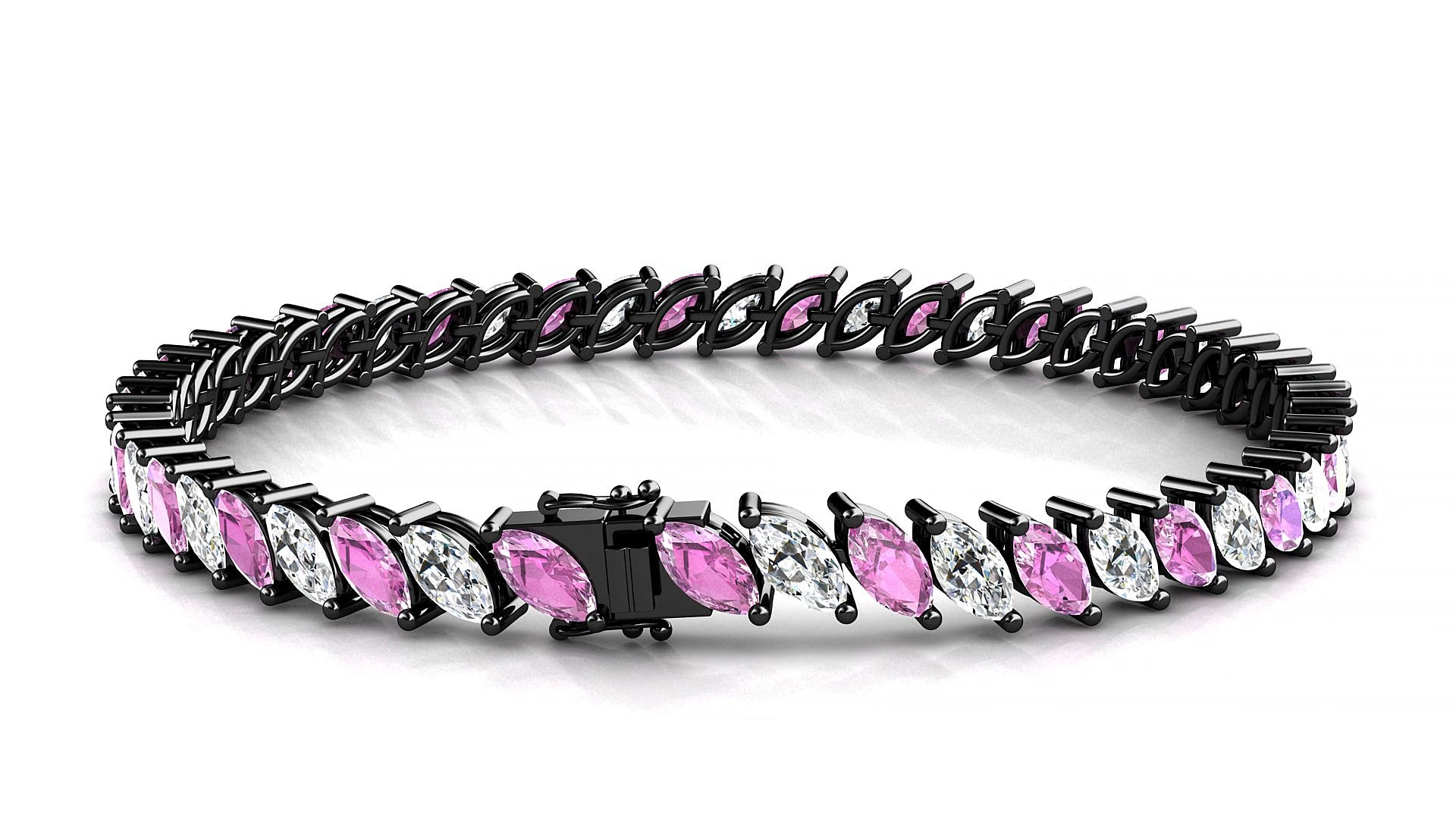 Venezia 1-1 | 18k Black Gold 6 x 3 mm Marquise Natural Pink Sapphire & Diamond 17 cm Tennis Bracelet