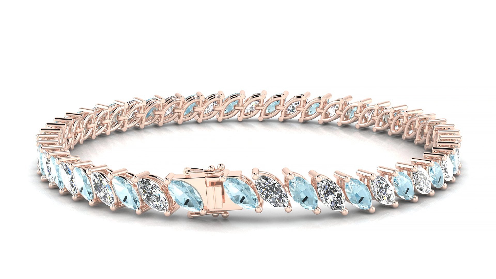 Venezia 1-1 | 18k Rose Gold 6 x 3 mm Marquise Natural Aquamarine & Diamond 19 cm Tennis Bracelet