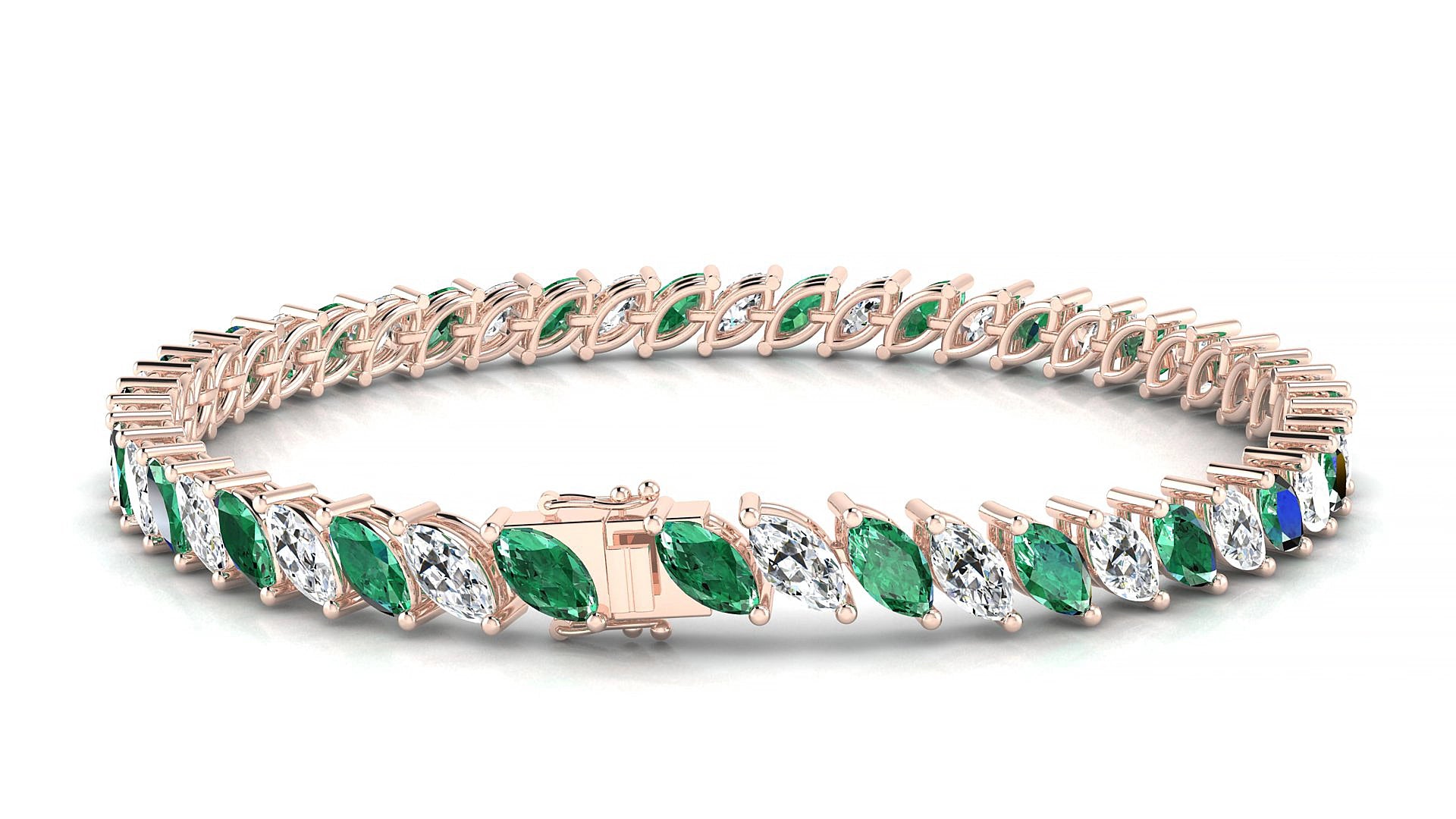 Venezia 1-1 | 18k Rose Gold 6 x 3 mm Marquise Natural Emerald & Diamond 18 cm Tennis Bracelet