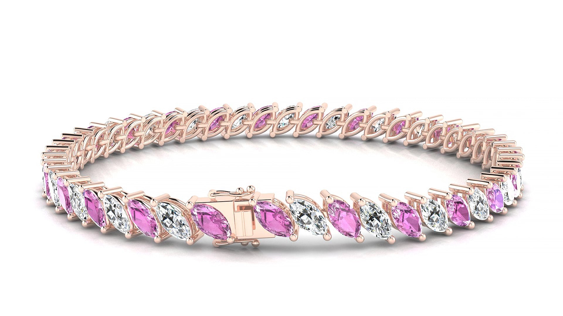 Venezia 1-1 | 18k Rose Gold 6 x 3 mm Marquise Natural Pink Sapphire & Diamond 17 cm Tennis Bracelet