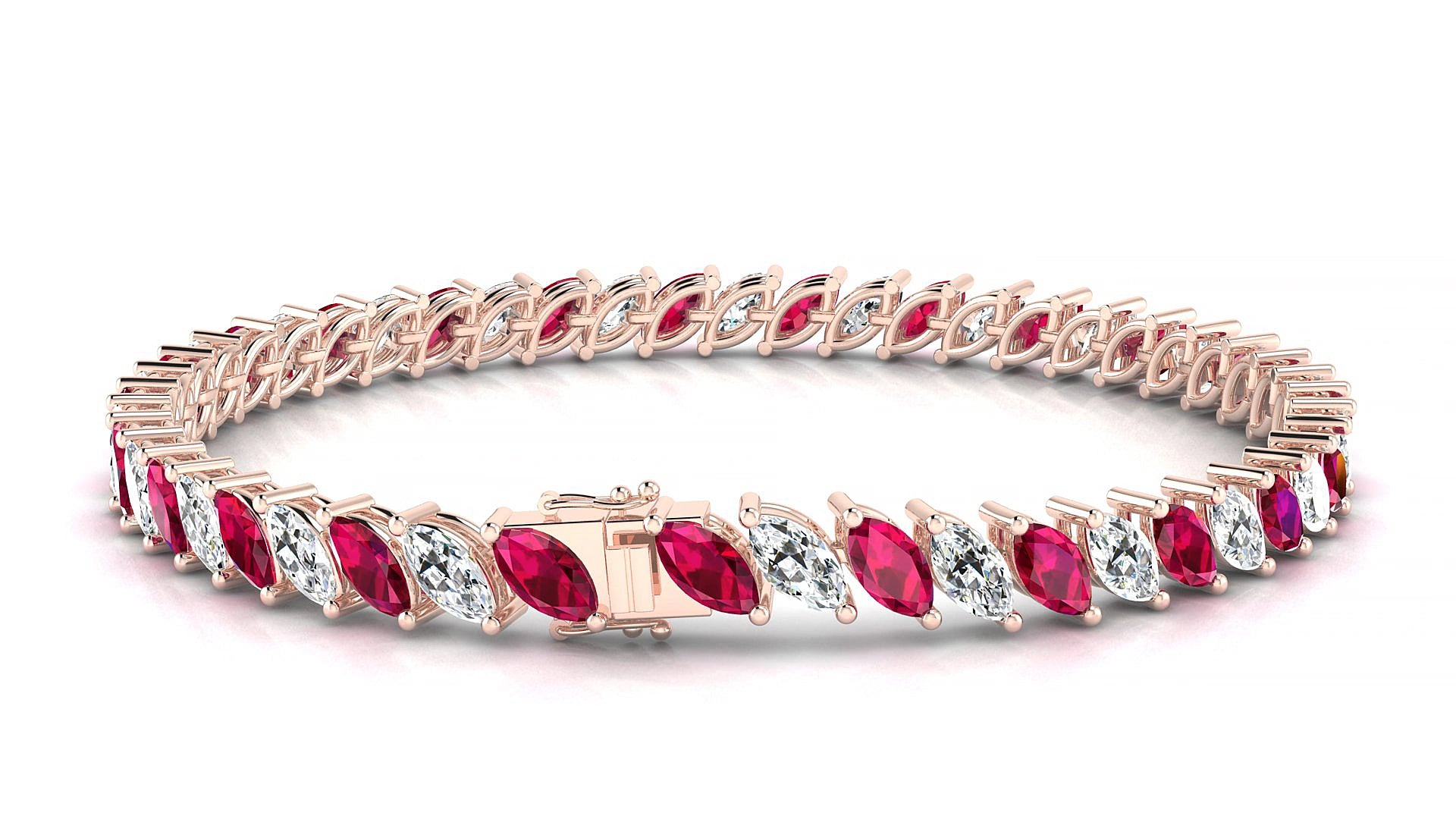 Venezia 1-1 | 18k Rose Gold 6 x 3 mm Marquise Natural Ruby & Diamond 16 cm Tennis Bracelet