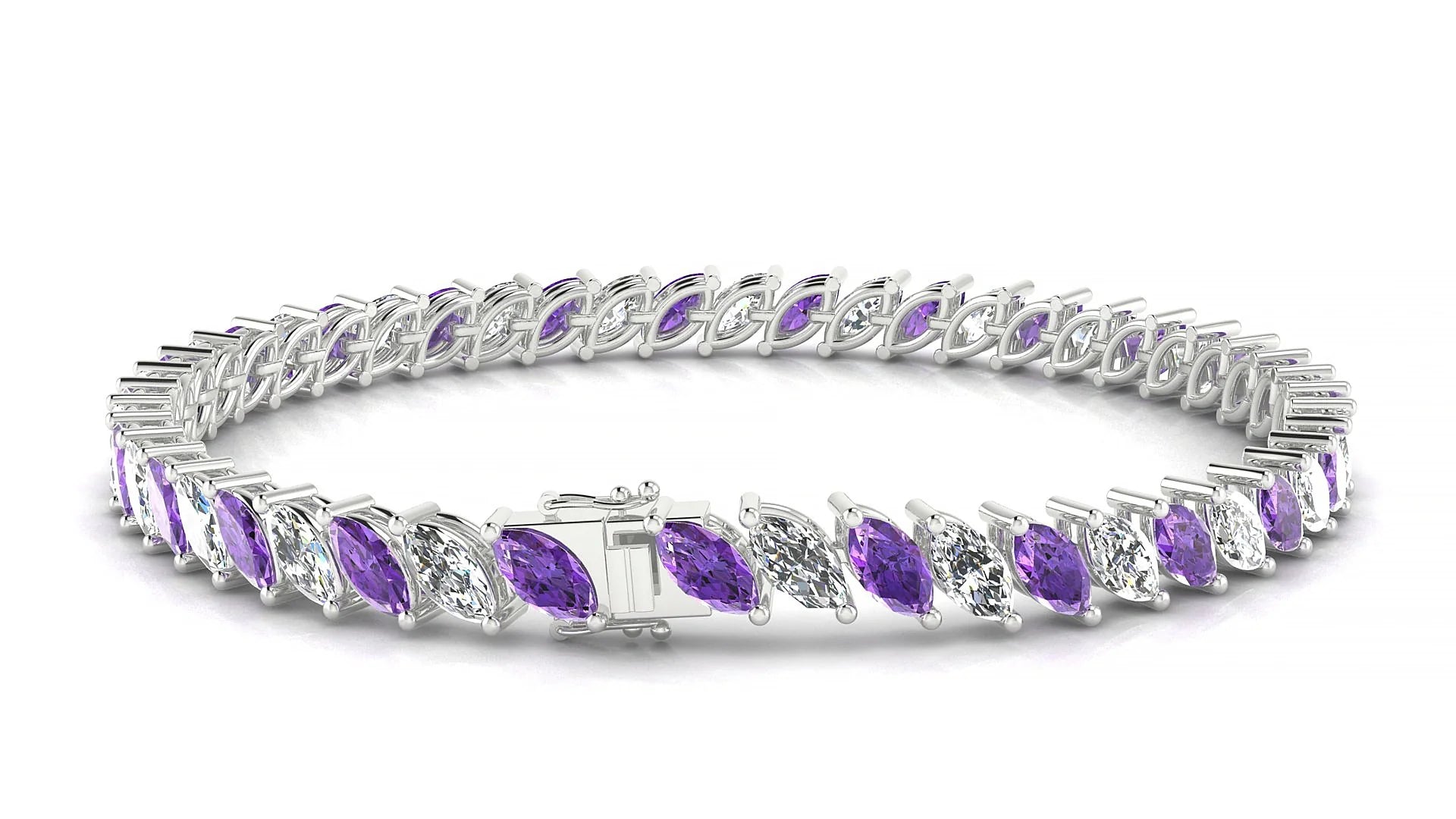 Venezia 1-1 | 18k White Gold 6 x 3 mm Marquise Natural Amethyst & Diamond Tennis Bracelet