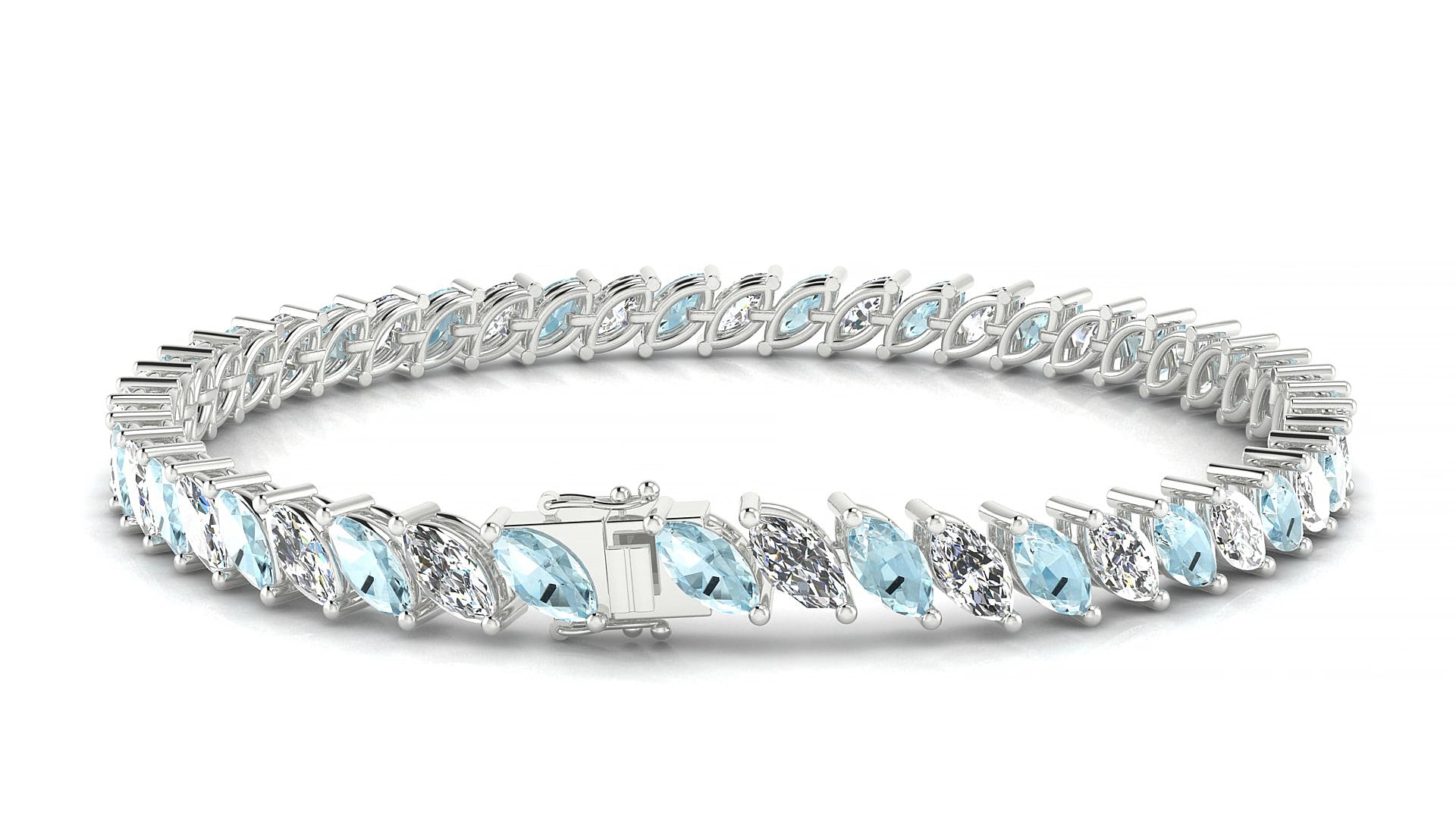 Venezia 1-1 | 18k White Gold 6 x 3 mm Marquise Natural Aquamarine & Diamond 20 cm Tennis Bracelet
