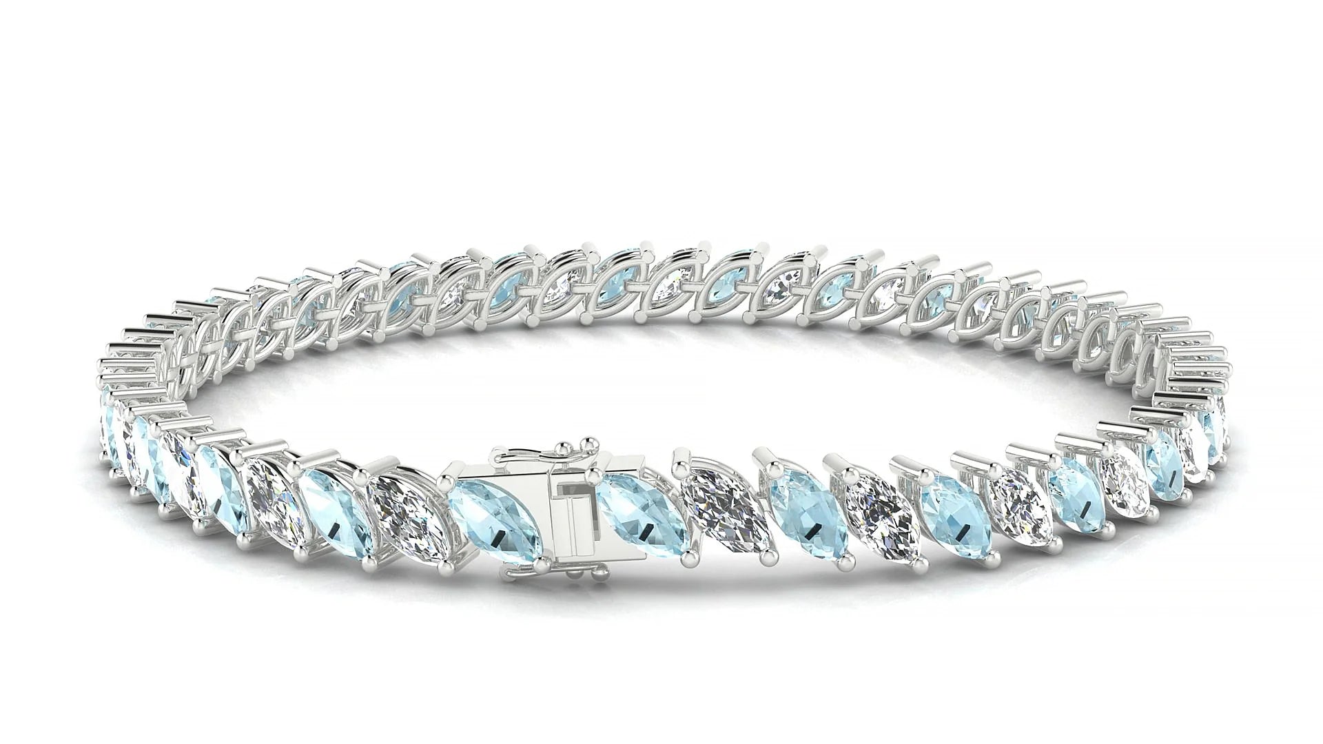 Venezia 1-1 | 18k White Gold 6 x 3 mm Marquise Natural Aquamarine & Diamond Tennis Bracelet