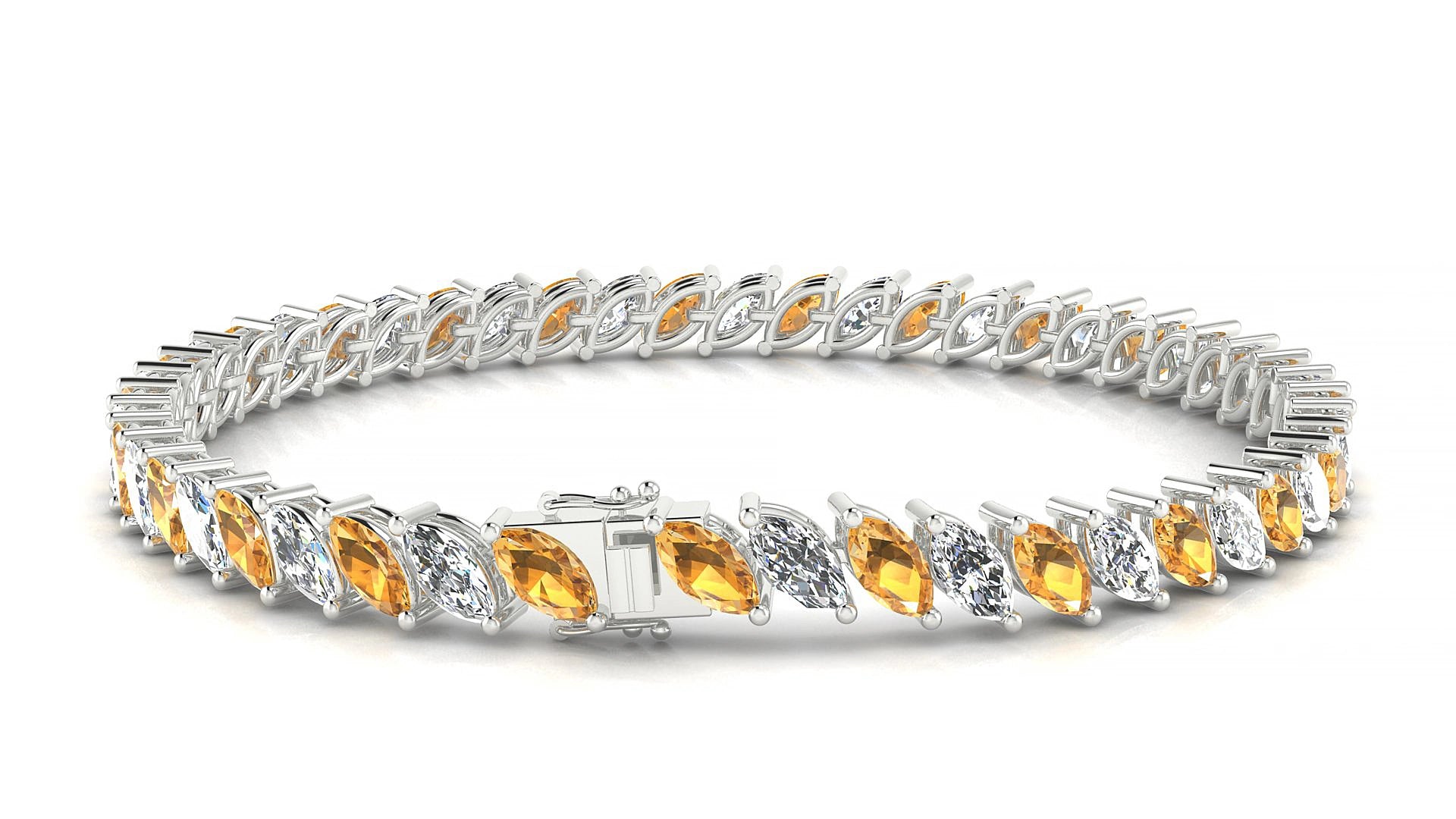 Venezia 1-1 | 18k White Gold 6 x 3 mm Marquise Natural Citrine & Diamond 18 cm Tennis Bracelet