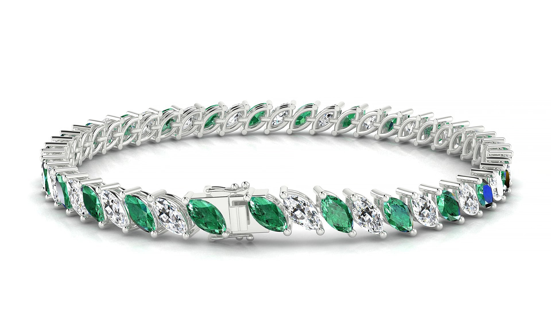 Venezia 1-1 | 18k White Gold 6 x 3 mm Marquise Natural Emerald & Diamond 15 cm Tennis Bracelet