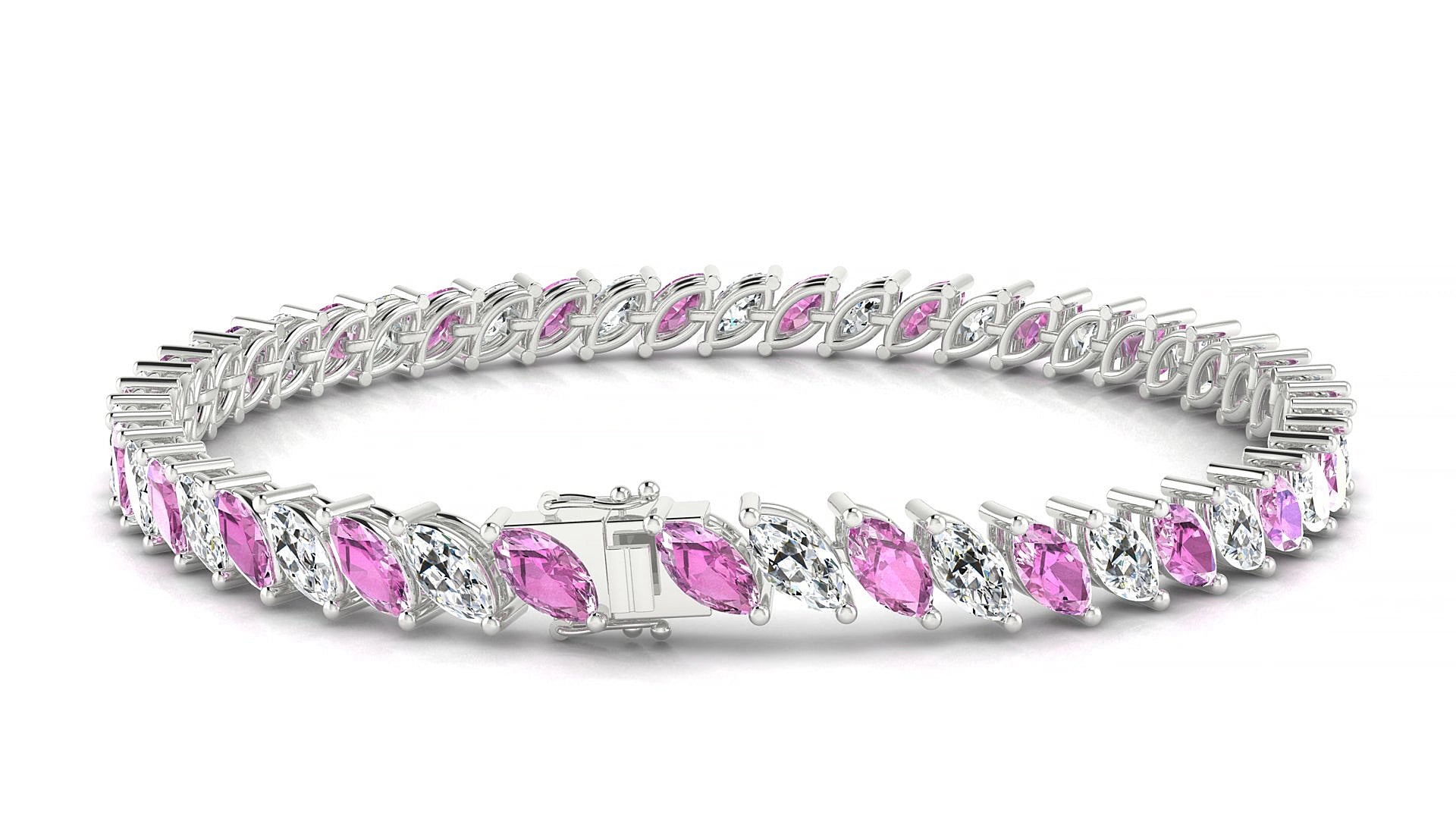 Venezia 1-1 | 18k White Gold 6 x 3 mm Marquise Natural Pink Sapphire & Diamond 19 cm Tennis Bracelet