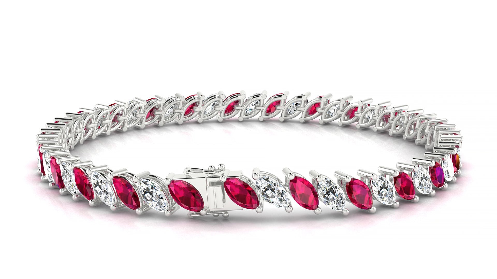 Venezia 1-1 | 18k White Gold 6 x 3 mm Marquise Natural Ruby & Diamond 19 cm Tennis Bracelet