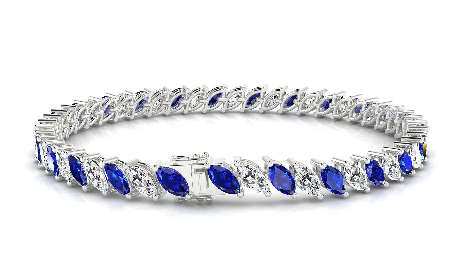 Venezia 1-1 | 18k White Gold 6 x 3 mm Marquise Natural Sapphire & Diamond 16 cm Tennis Bracelet