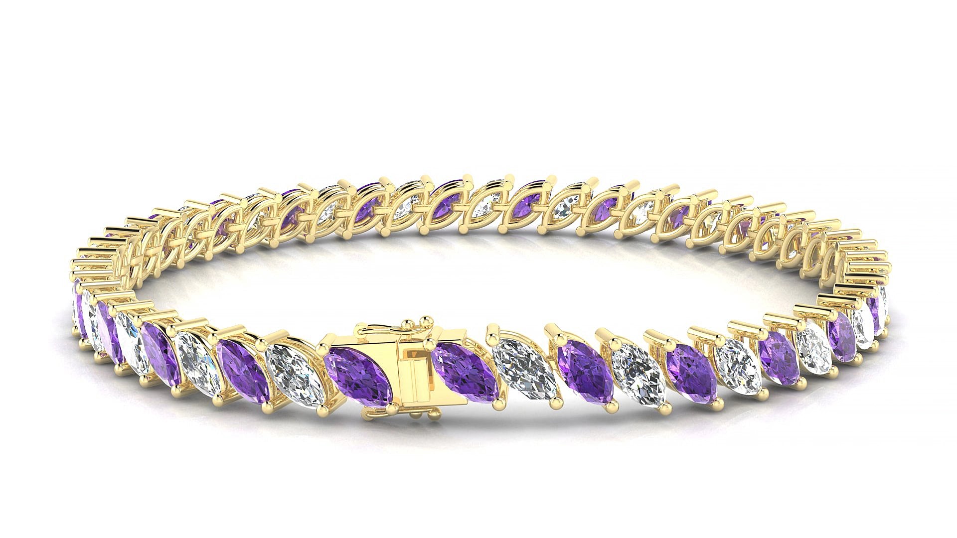 Venezia 1-1 | 18k Yellow Gold 6 x 3 mm Marquise Natural Amethyst & Diamond 16 cm Tennis Bracelet