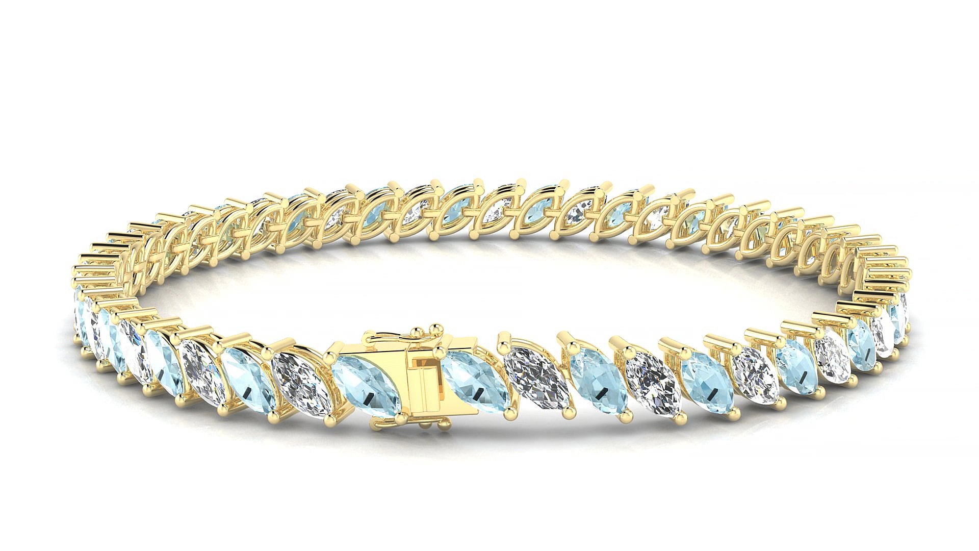 Venezia 1-1 | 18k Yellow Gold 6 x 3 mm Marquise Natural Aquamarine & Diamond 15 cm Tennis Bracelet