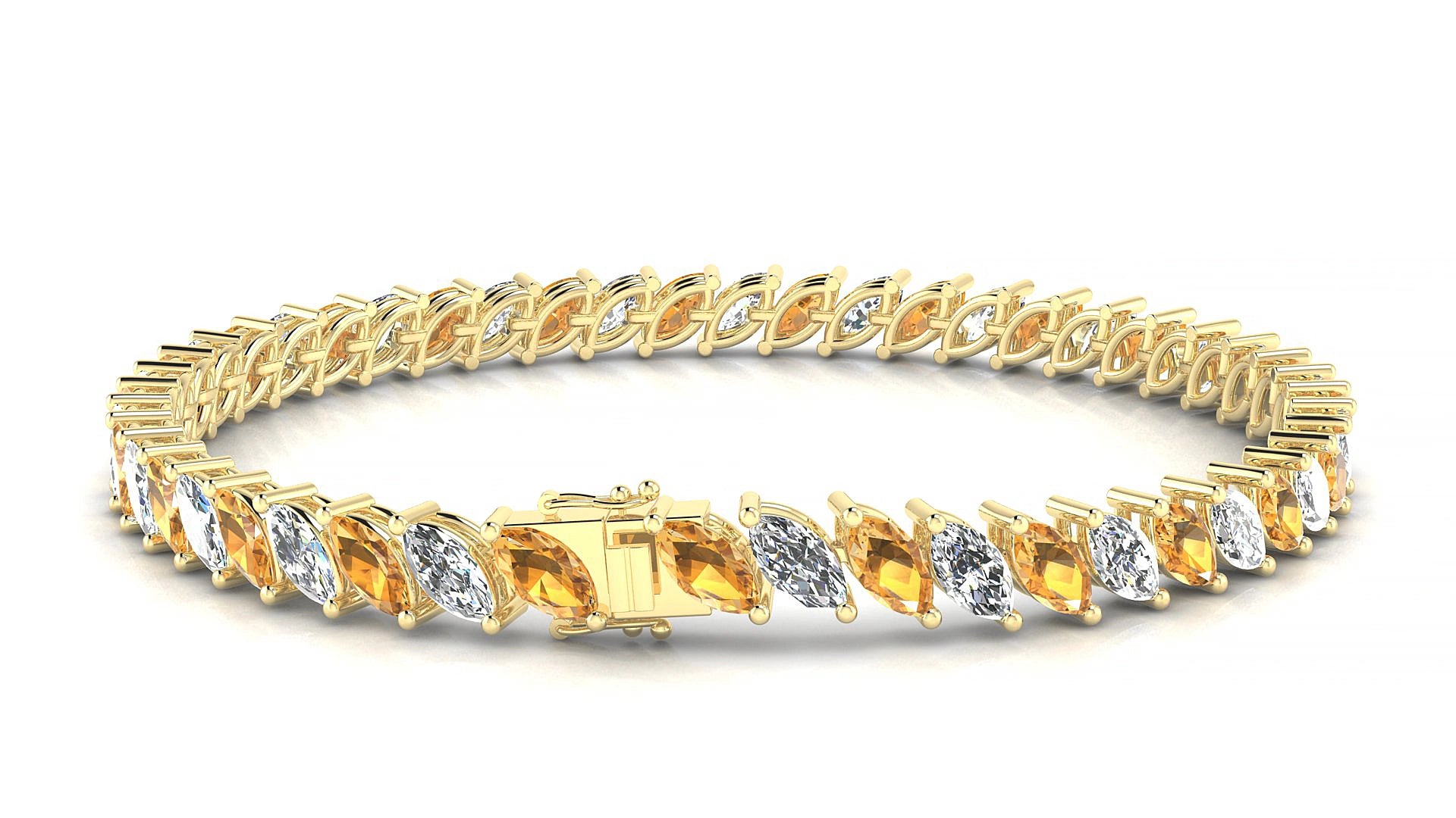 Venezia 1-1 | 18k Yellow Gold 6 x 3 mm Marquise Natural Citrine & Diamond 15 cm Tennis Bracelet
