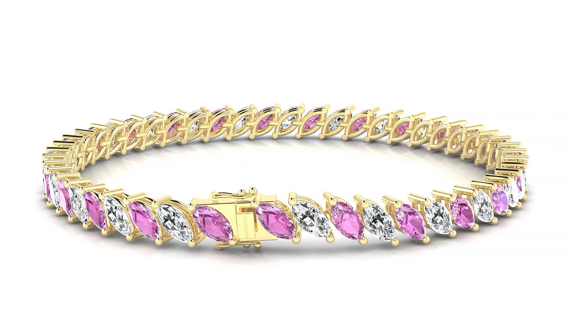 Venezia 1-1 | 18k Yellow Gold 6 x 3 mm Marquise Natural Pink Sapphire & Diamond 18 cm Tennis Bracelet