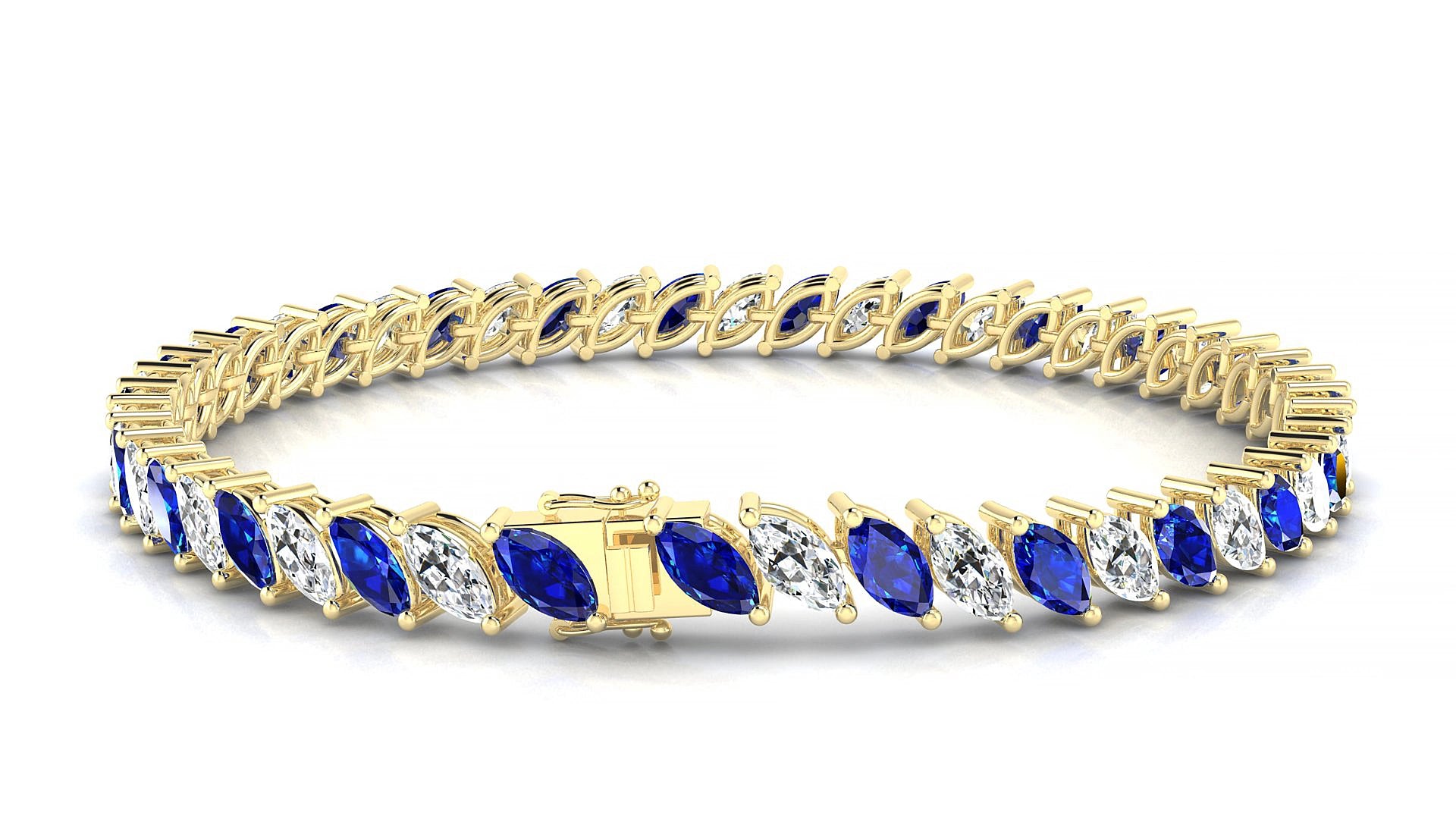 Venezia 1-1 | 18k Yellow Gold 6 x 3 mm Marquise Natural Sapphire & Diamond 20 cm Tennis Bracelet