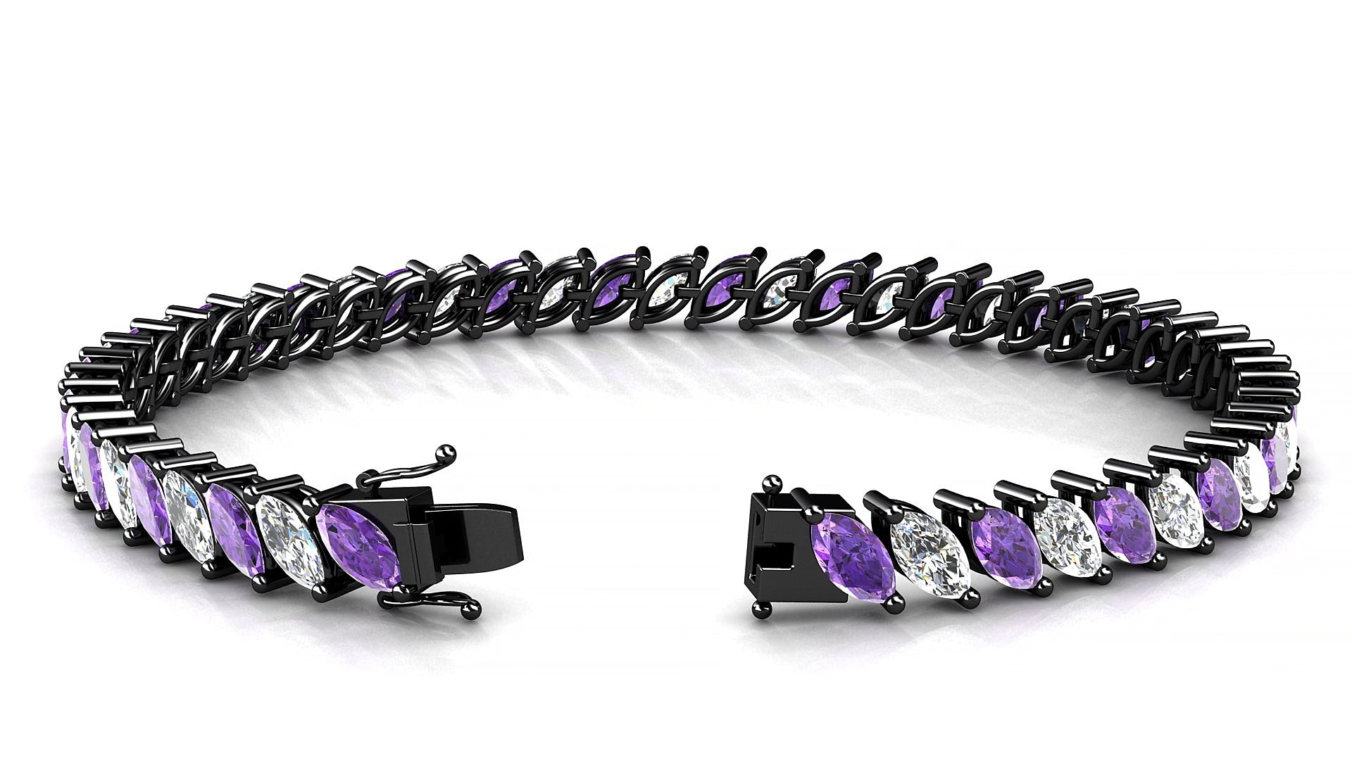 Venezia 1-1 | 18k Black Gold 6 x 3 mm Marquise Natural Amethyst & Diamond 19 cm Tennis Bracelet