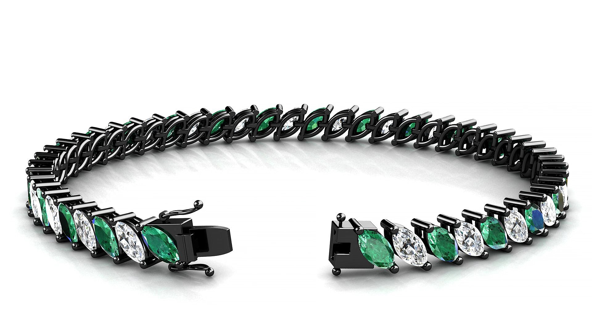 Venezia 1-1 | 18k Black Gold 6 x 3 mm Marquise Natural Emerald & Diamond 15 cm Tennis Bracelet