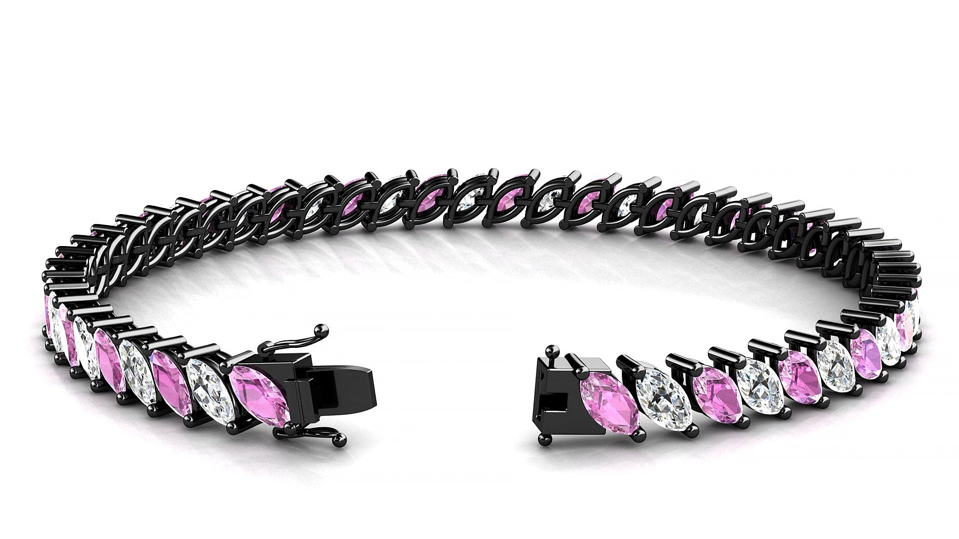 Venezia 1-1 | 18k Black Gold 6 x 3 mm Marquise Natural Pink Sapphire & Diamond 15 cm Tennis Bracelet