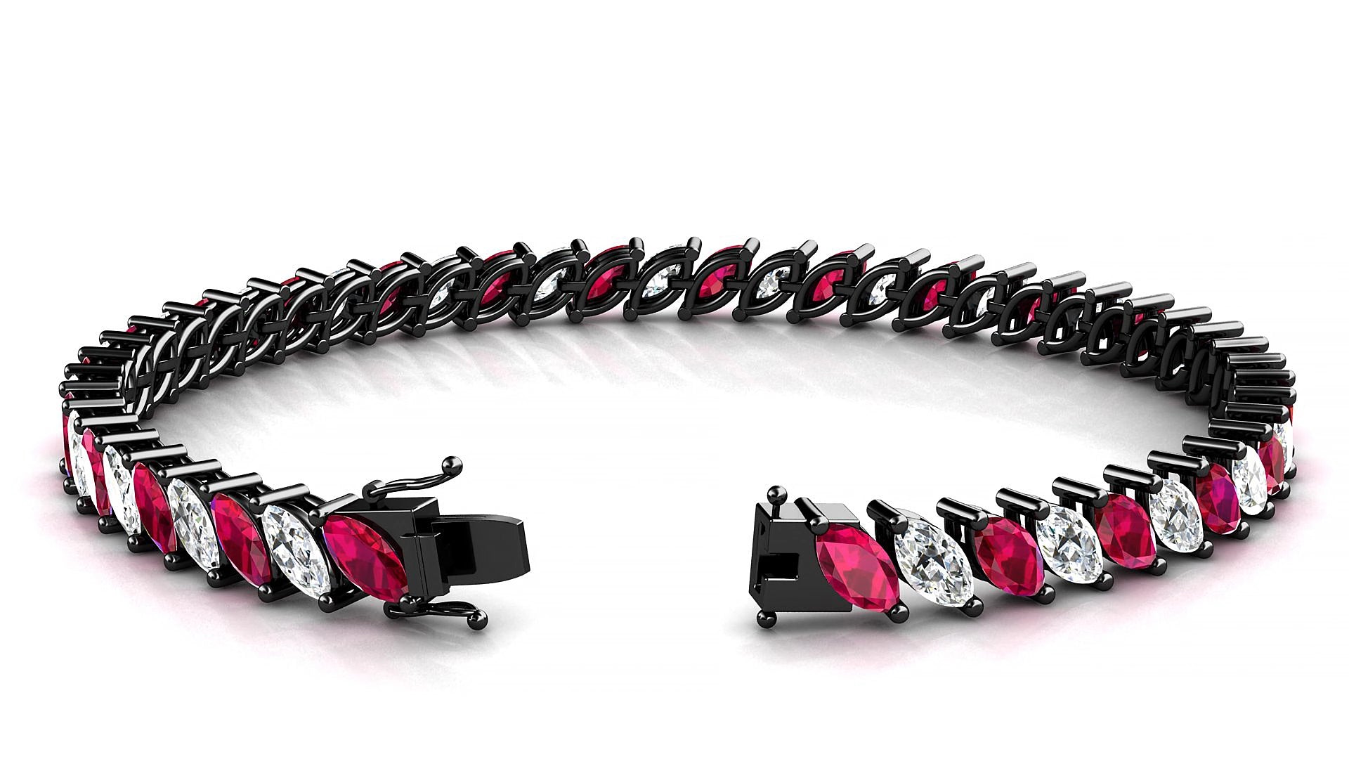 Venezia 1-1 | 18k Black Gold 6 x 3 mm Marquise Natural Ruby & Diamond 15 cm Tennis Bracelet