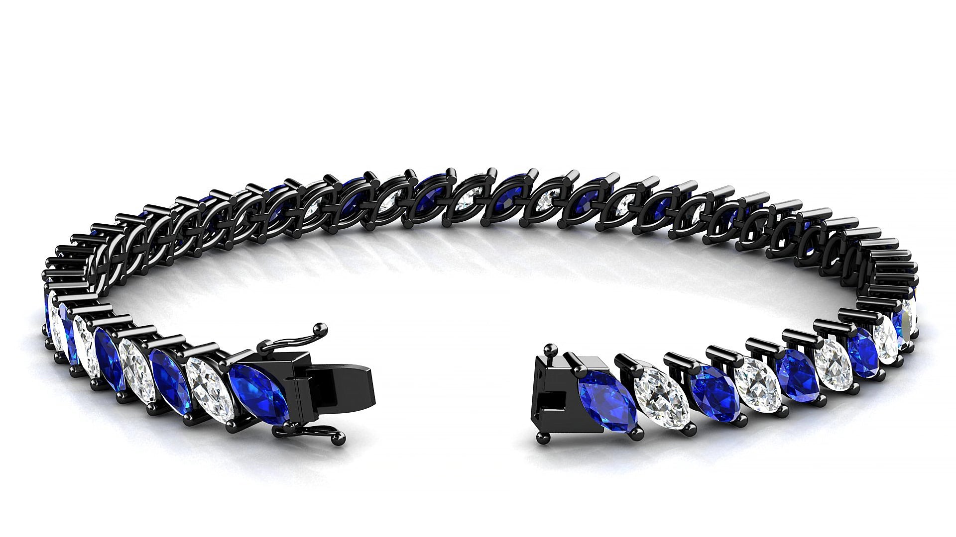 Venezia 1-1 | 18k Black Gold 6 x 3 mm Marquise Natural Sapphire & Diamond 15 cm Tennis Bracelet
