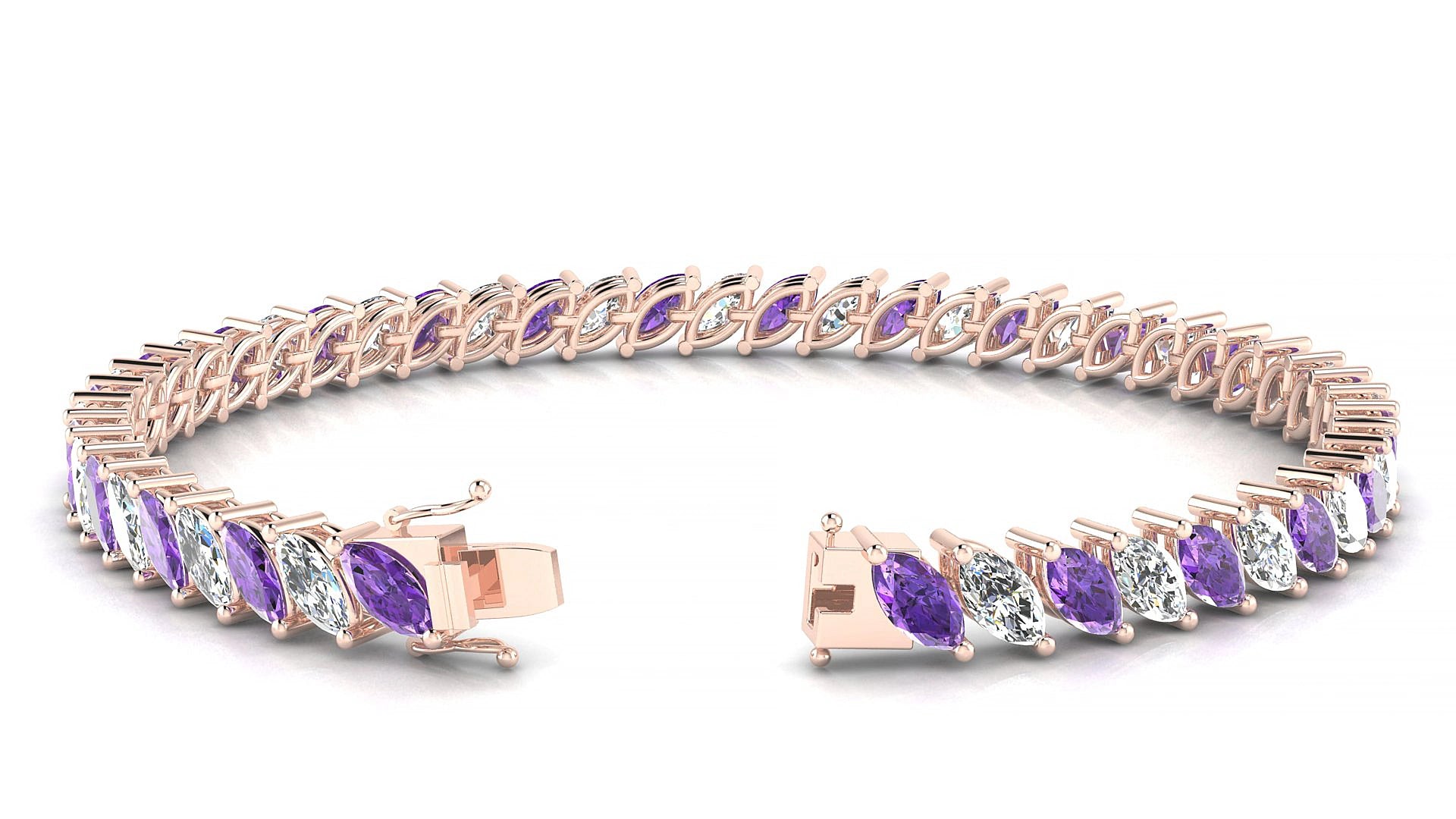 Venezia 1-1 | 18k Rose Gold 6 x 3 mm Marquise Natural Amethyst & Diamond 18 cm Tennis Bracelet