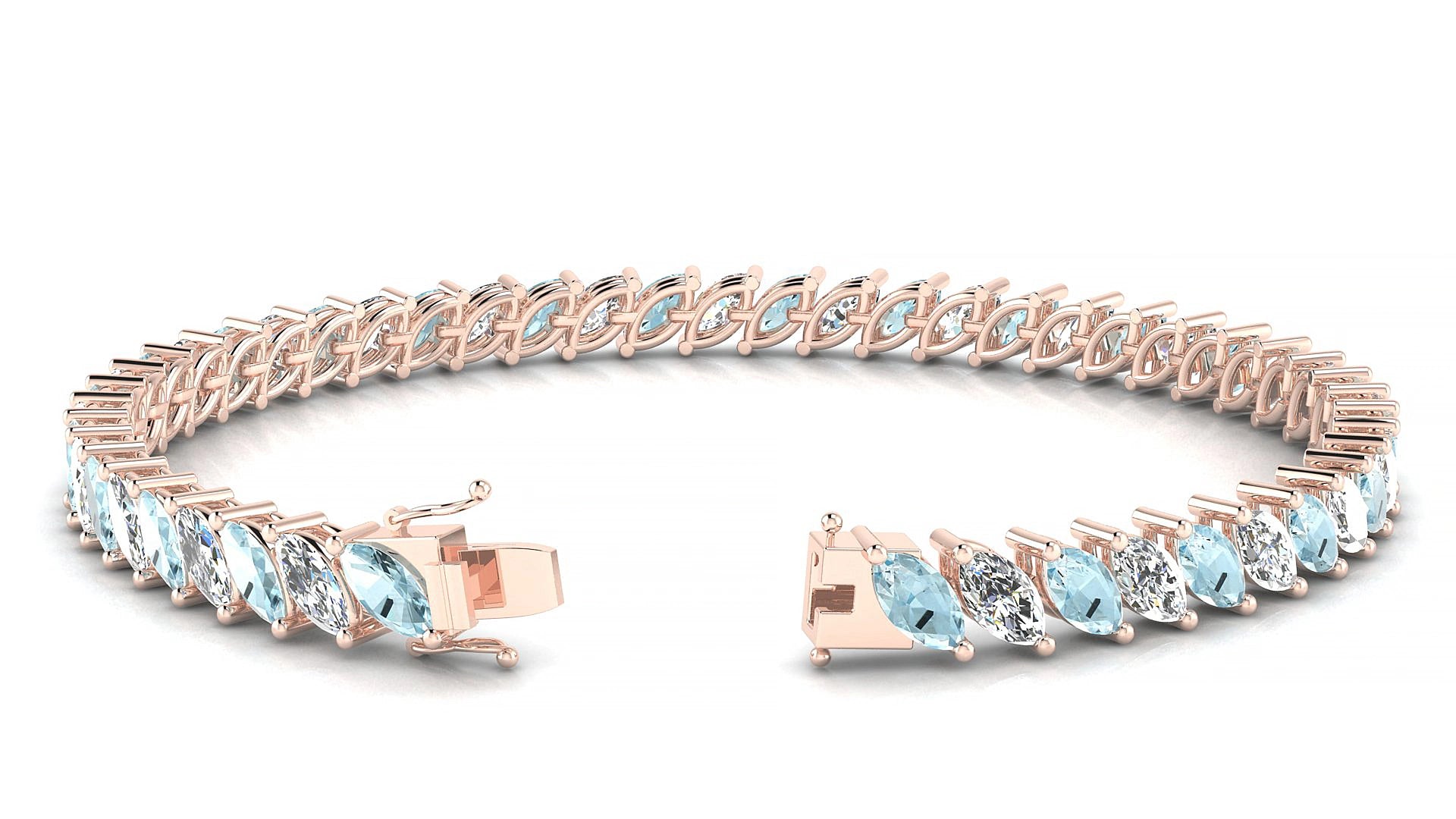 Venezia 1-1 | 18k Rose Gold 6 x 3 mm Marquise Natural Aquamarine & Diamond 19 cm Tennis Bracelet