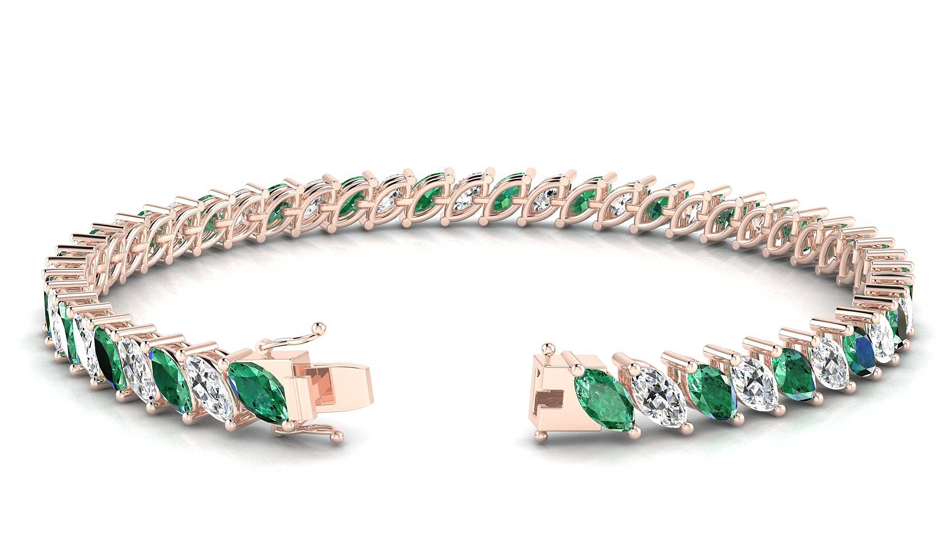 Venezia 1-1 | 18k Rose Gold 6 x 3 mm Marquise Natural Emerald & Diamond 17 cm Tennis Bracelet