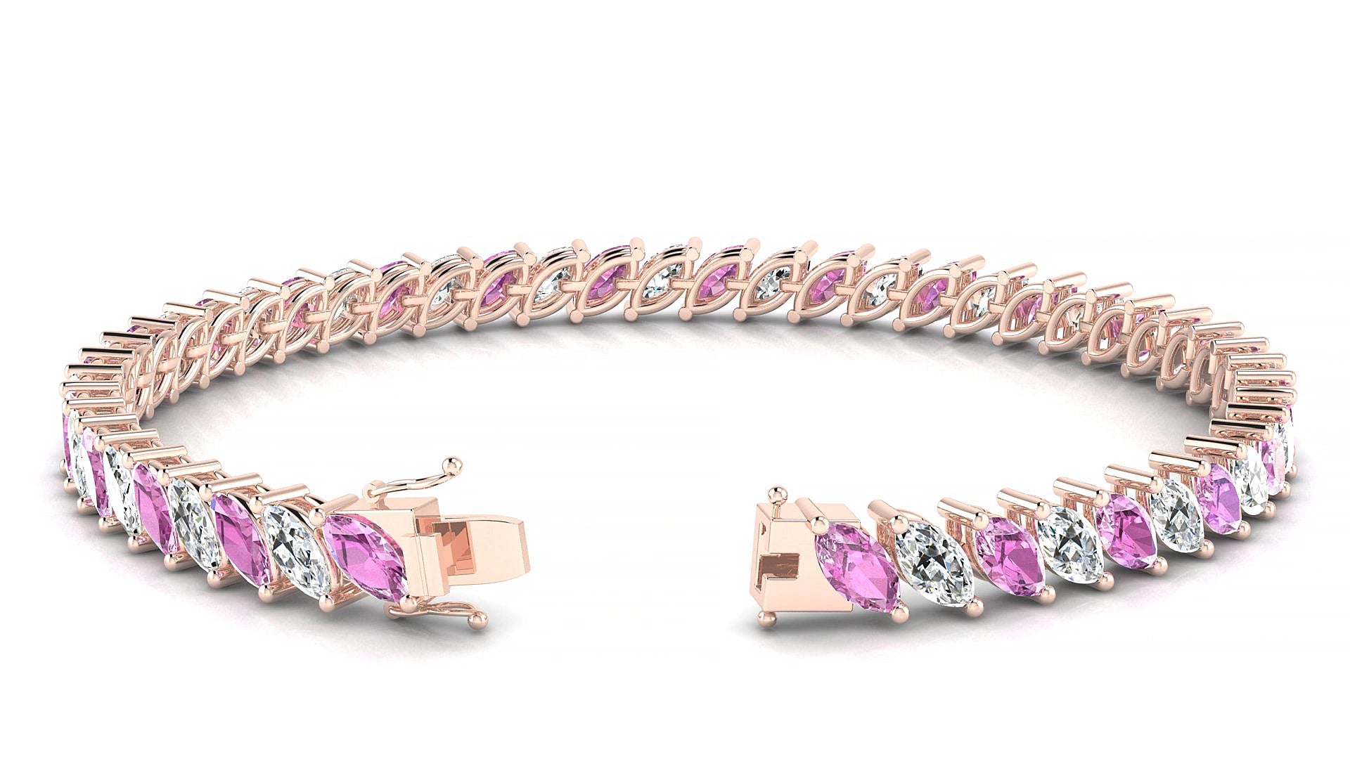Venezia 1-1 | 18k Rose Gold 6 x 3 mm Marquise Natural Pink Sapphire & Diamond 16 cm Tennis Bracelet