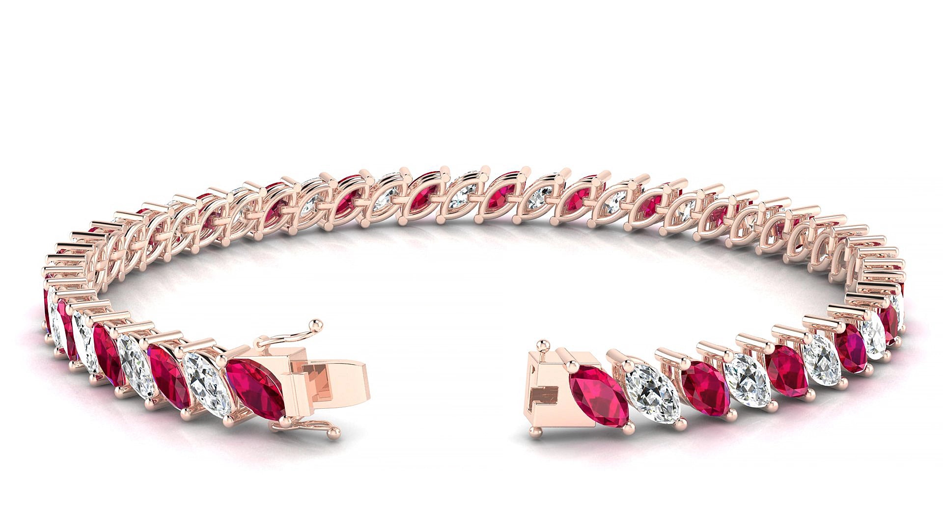 Venezia 1-1 | 18k Rose Gold 6 x 3 mm Marquise Natural Ruby & Diamond 20 cm Tennis Bracelet