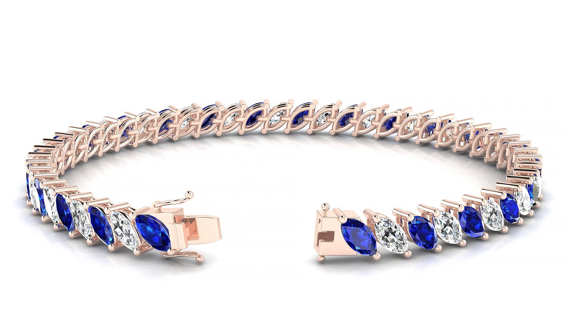 Venezia 1-1 | 18k Rose Gold 6 x 3 mm Marquise Natural Sapphire & Diamond 15 cm Tennis Bracelet