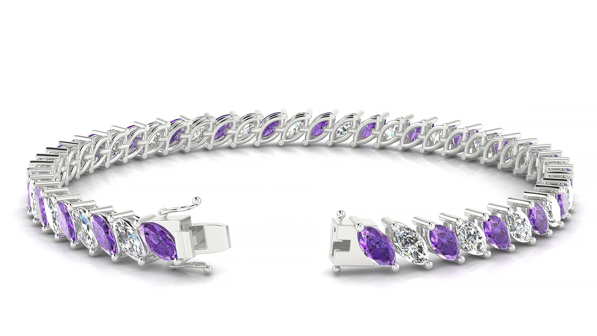 Venezia 1-1 | 18k White Gold 6 x 3 mm Marquise Natural Amethyst & Diamond 15 cm Tennis Bracelet