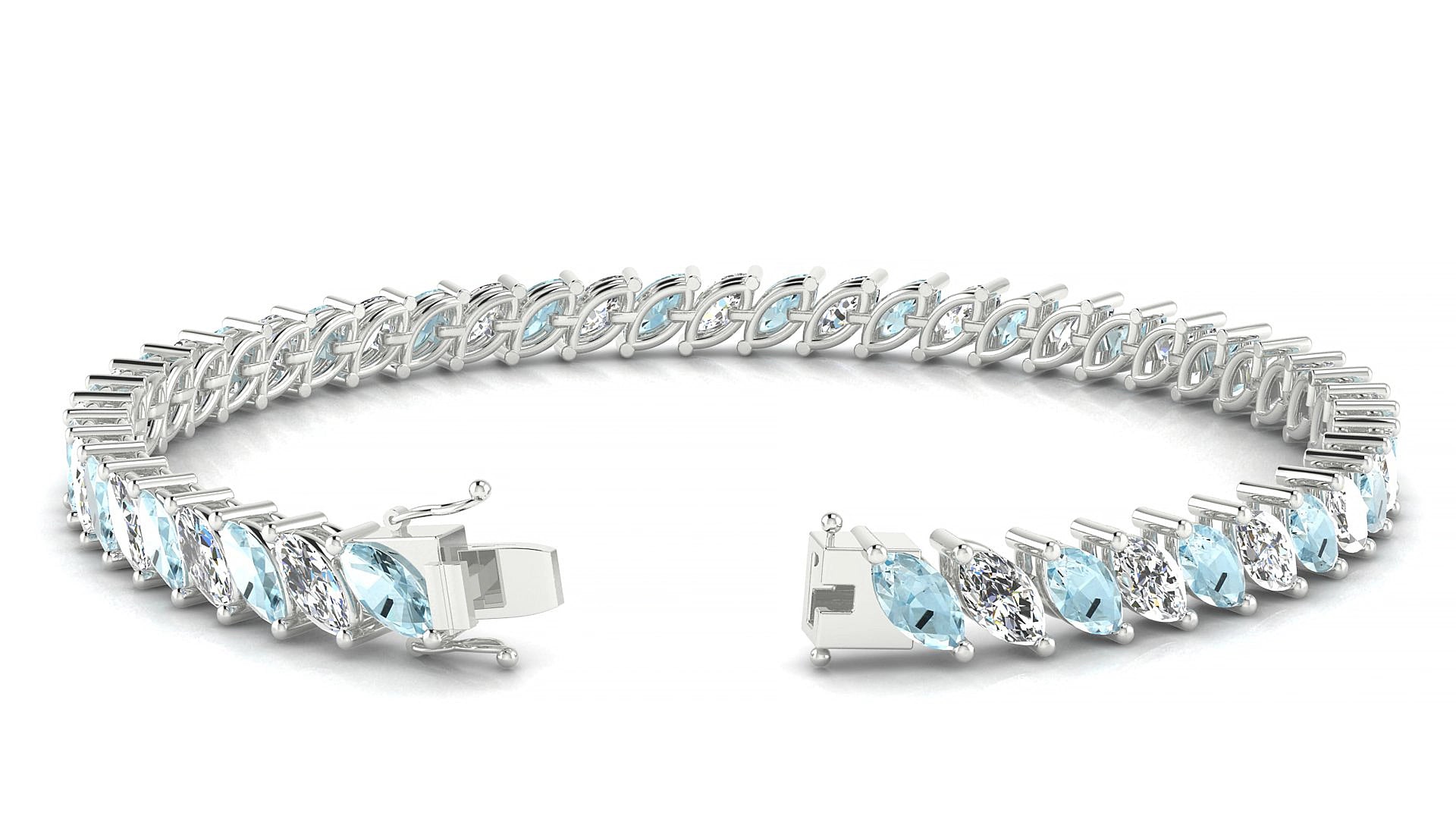 Venezia 1-1 | 18k White Gold 6 x 3 mm Marquise Natural Aquamarine & Diamond 18 cm Tennis Bracelet