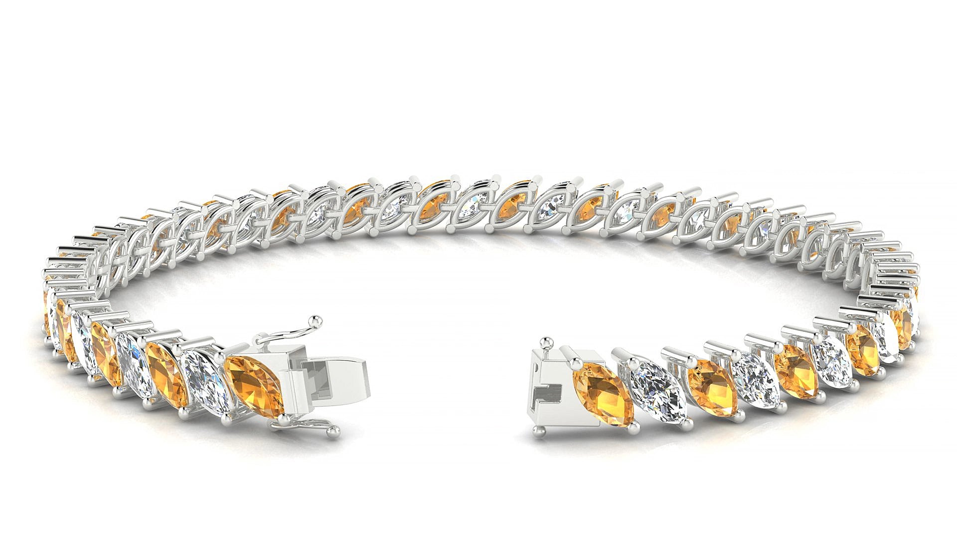 Venezia 1-1 | 18k White Gold 6 x 3 mm Marquise Natural Citrine & Diamond 20 cm Tennis Bracelet