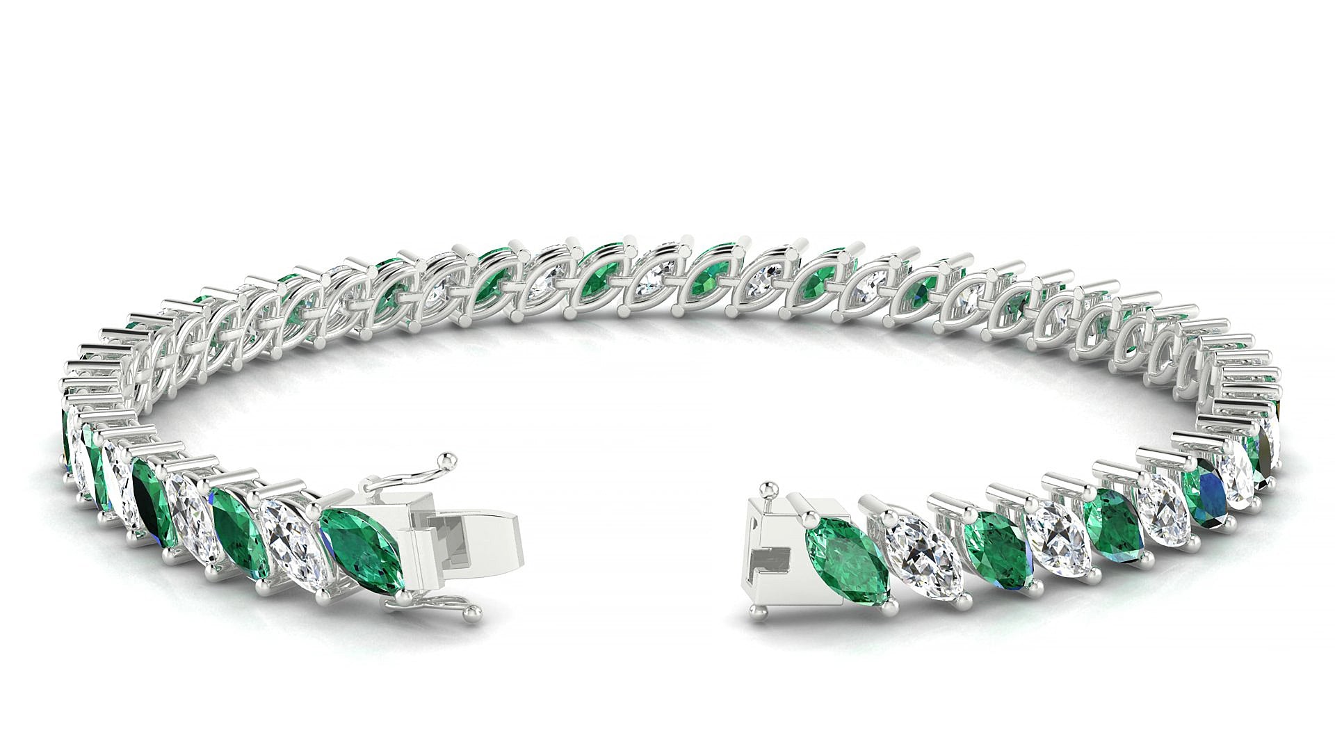 Venezia 1-1 | 18k White Gold 6 x 3 mm Marquise Natural Emerald & Diamond 18 cm Tennis Bracelet