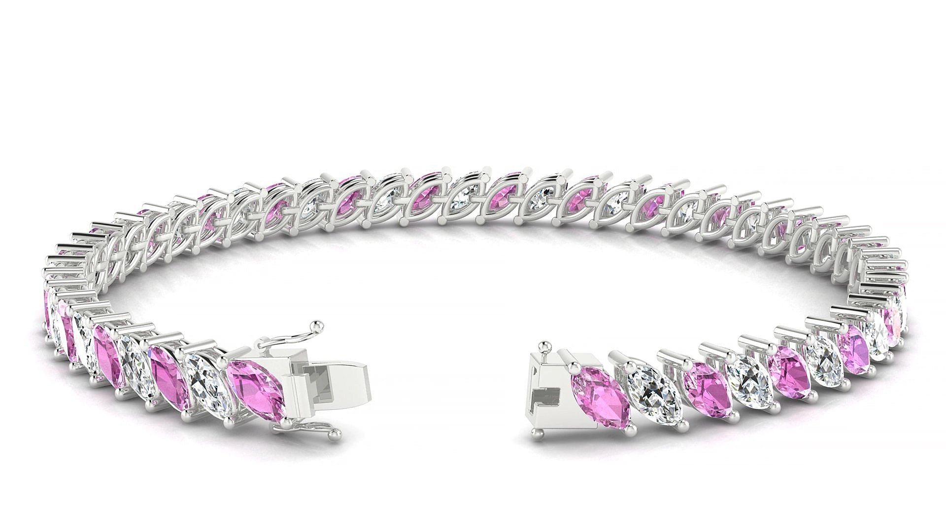 Venezia 1-1 | 18k White Gold 6 x 3 mm Marquise Natural Pink Sapphire & Diamond 15 cm Tennis Bracelet