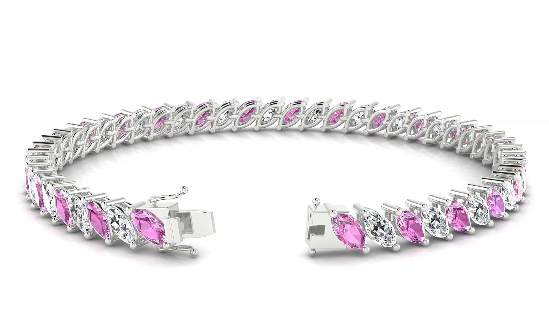 Venezia 1-1 | 18k White Gold 6 x 3 mm Marquise Natural Pink Sapphire & Diamond Tennis Bracelet