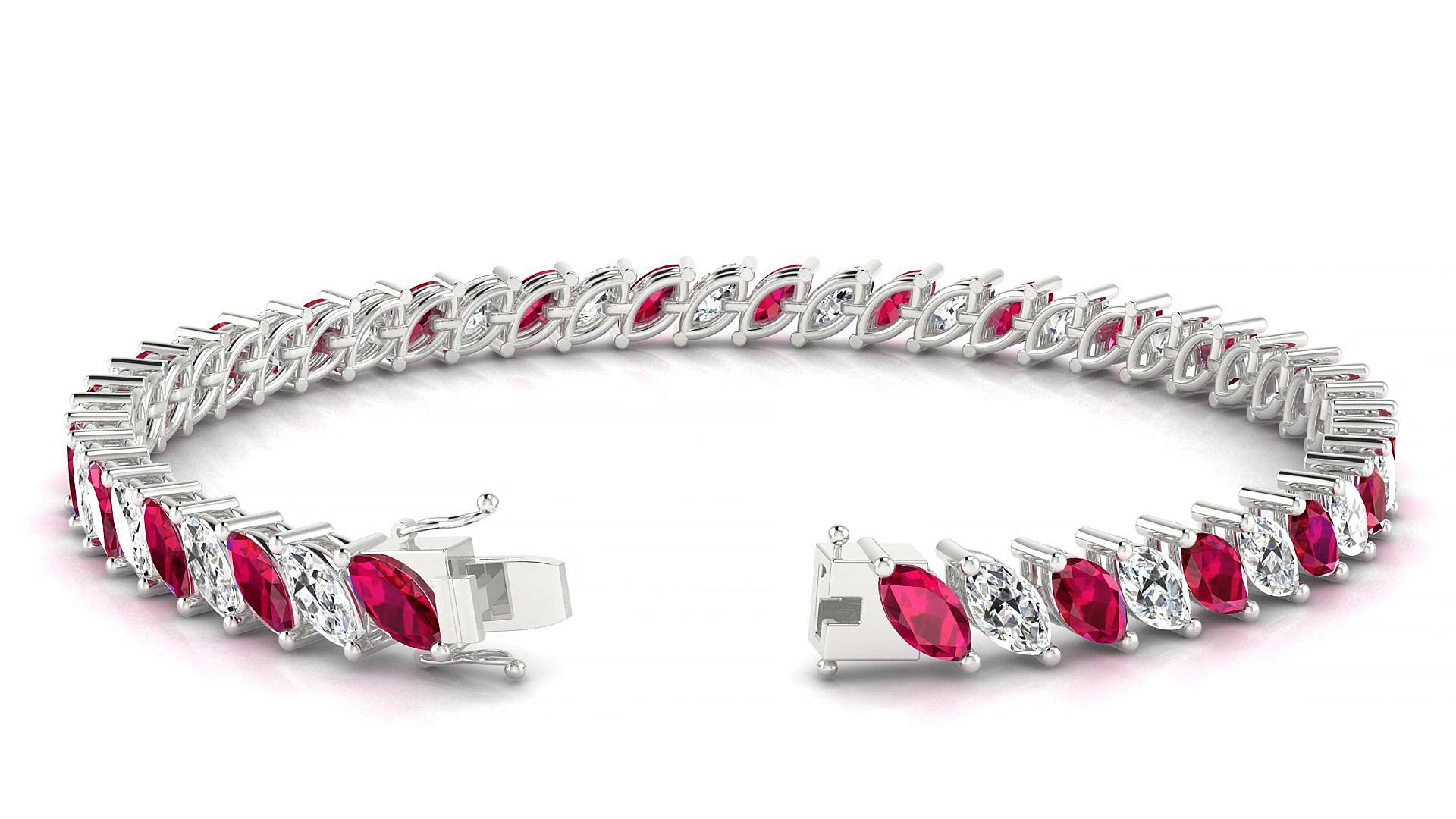 Venezia 1-1 | 18k White Gold 6 x 3 mm Marquise Natural Ruby & Diamond 15 cm Tennis Bracelet
