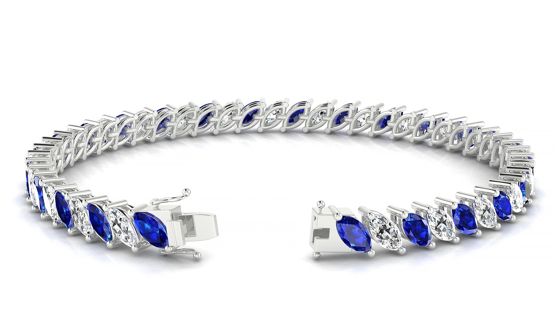Venezia 1-1 | 18k White Gold 6 x 3 mm Marquise Natural Sapphire & Diamond 16 cm Tennis Bracelet