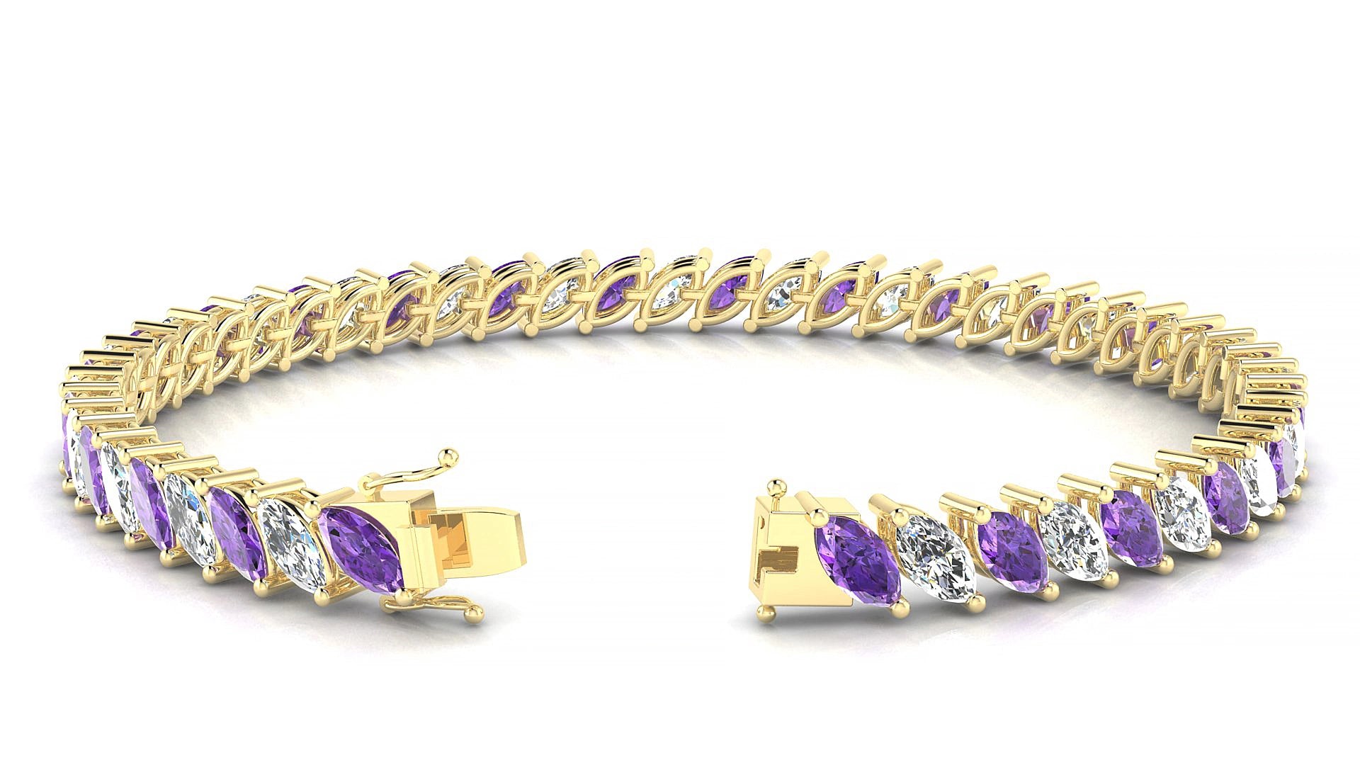 Venezia 1-1 | 18k Yellow Gold 6 x 3 mm Marquise Natural Amethyst & Diamond 17 cm Tennis Bracelet