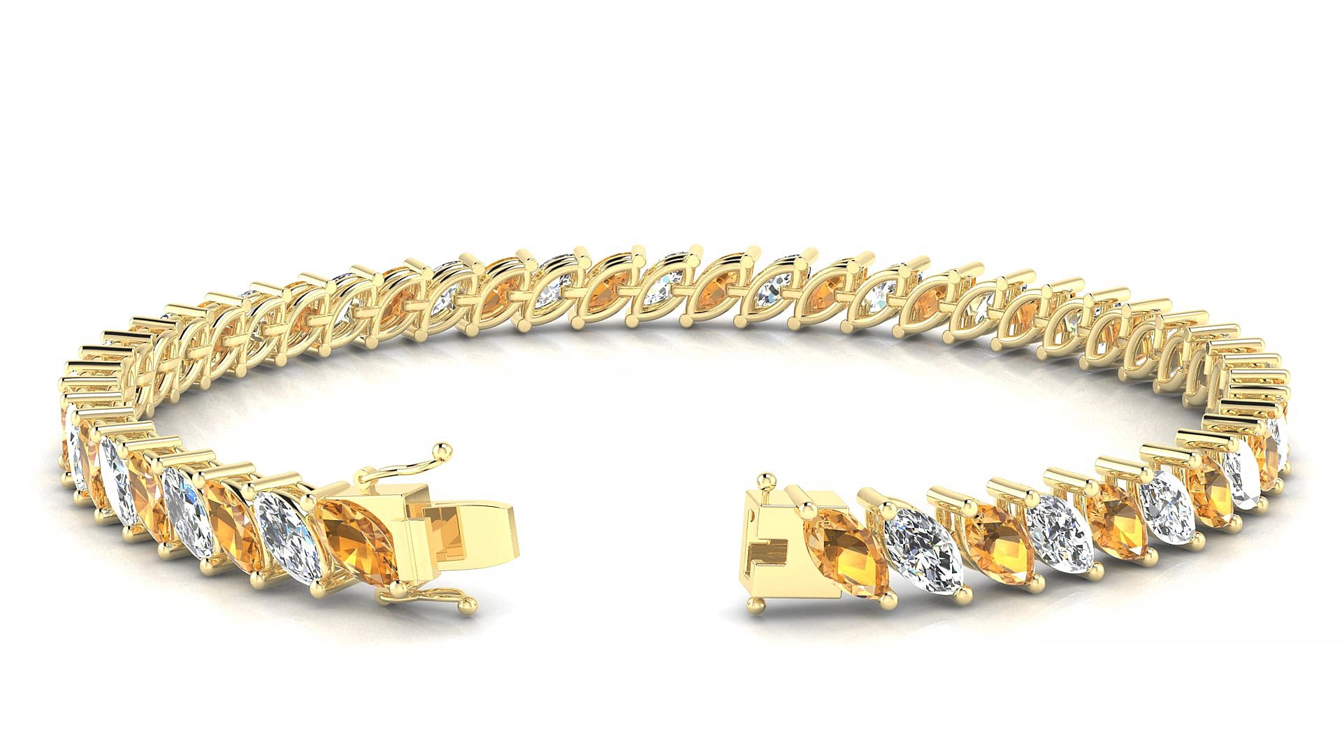 Venezia 1-1 | 18k Yellow Gold 6 x 3 mm Marquise Natural Citrine & Diamond 20 cm Tennis Bracelet