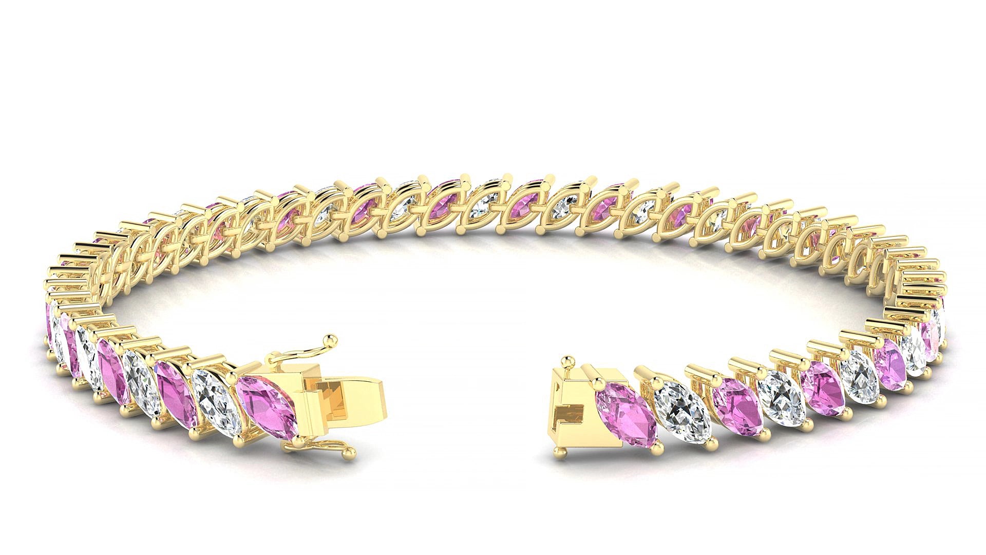 Venezia 1-1 | 18k Yellow Gold 6 x 3 mm Marquise Natural Pink Sapphire & Diamond 15 cm Tennis Bracelet