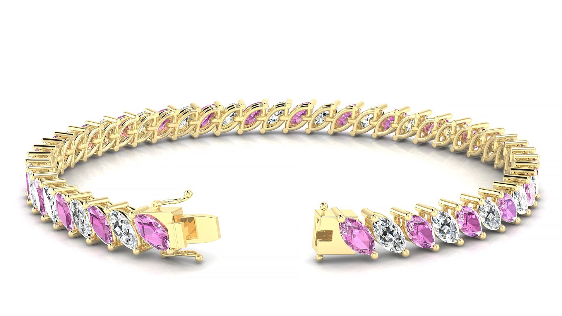 Venezia 1-1 | 18k Yellow Gold 6 x 3 mm Marquise Natural Pink Sapphire & Diamond Tennis Bracelet