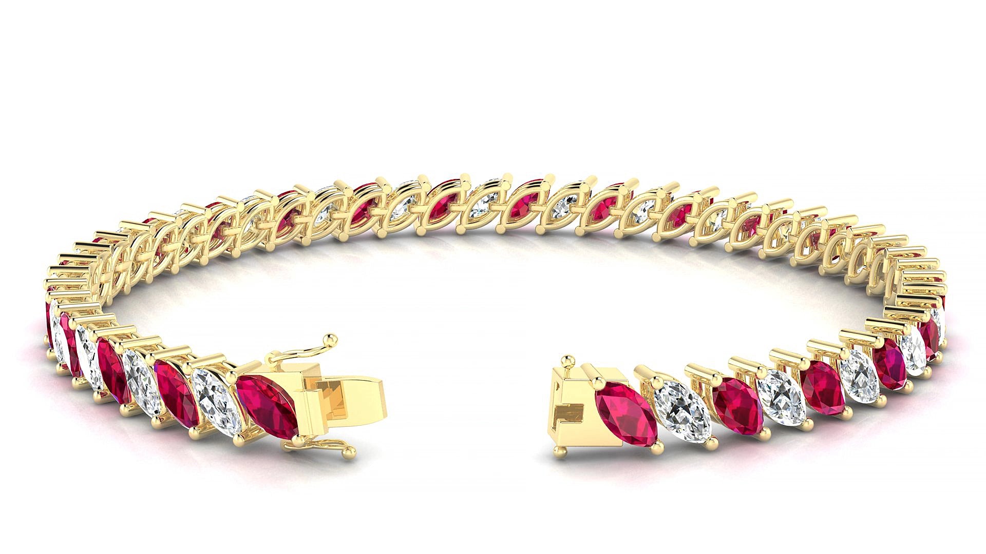 Venezia 1-1 | 18k Yellow Gold 6 x 3 mm Marquise Natural Ruby & Diamond 20 cm Tennis Bracelet