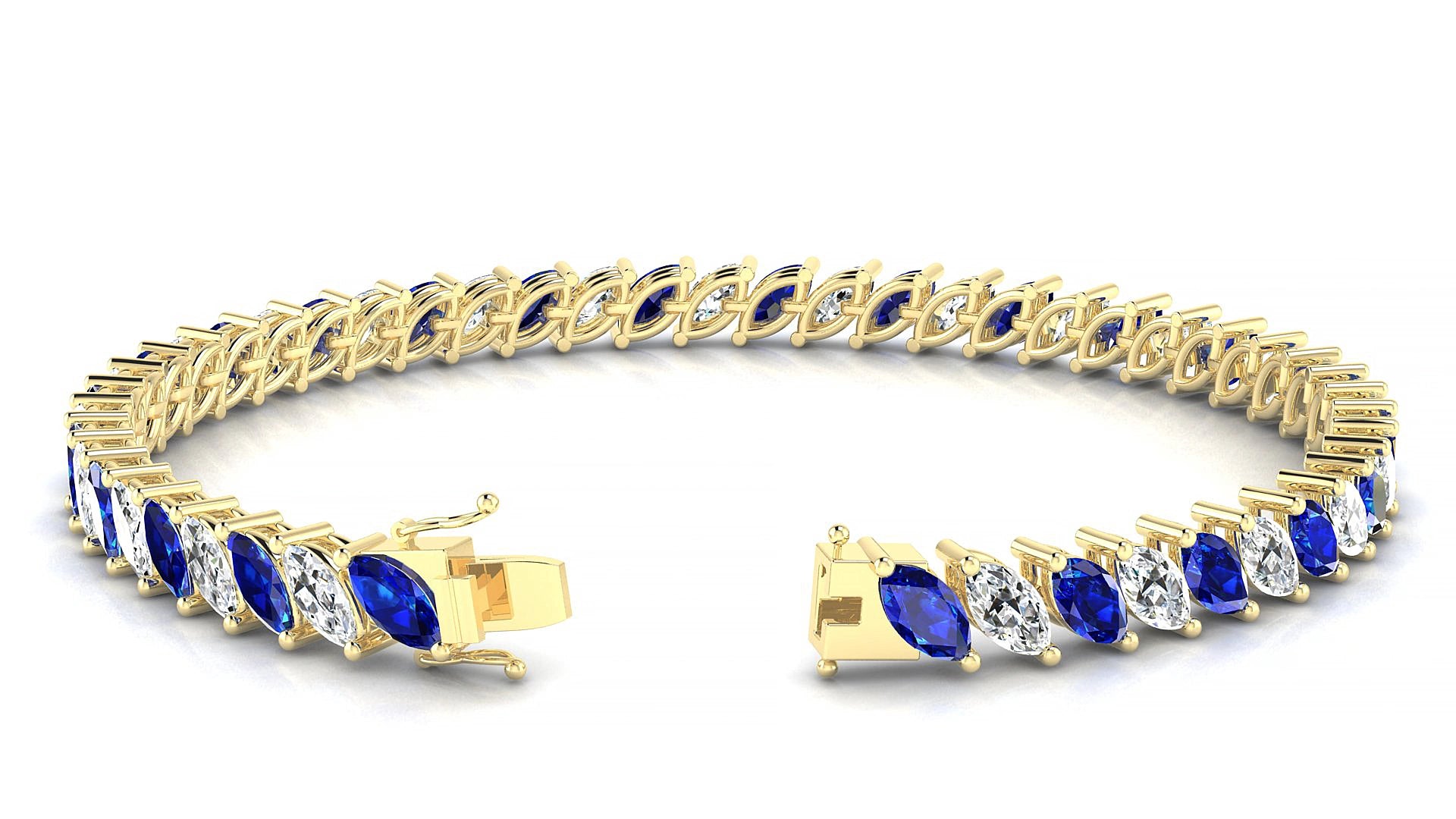 Venezia 1-1 | 18k Yellow Gold 6 x 3 mm Marquise Natural Sapphire & Diamond 15 cm Tennis Bracelet