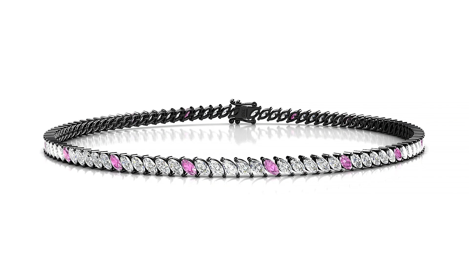 Venezia 1-5 | 18k Black Gold 3 x 1.5 mm Marquise Natural Pink Sapphire & Diamond 18 cm Tennis Bracelet