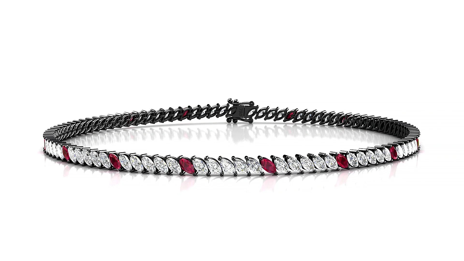 Venezia 1-5 | 18k Black Gold 3 x 1.5 mm Marquise Natural Ruby & Diamond 18 cm Tennis Bracelet