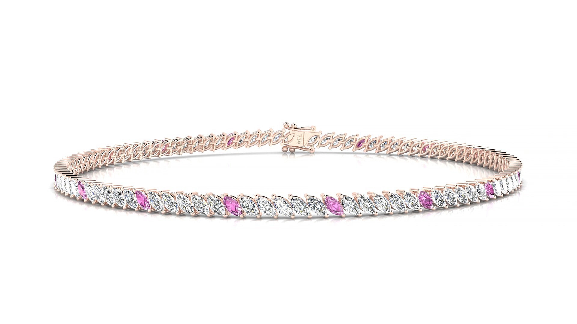 Venezia 1-5 | 18k Rose Gold 3 x 1.5 mm Marquise Natural Pink Sapphire & Diamond 15 cm Tennis Bracelet