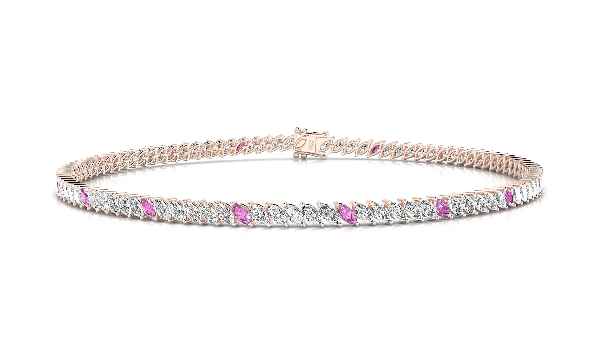 Venezia 1-5 | 18k Rose Gold 3 x 1.5 mm Marquise Natural Pink Sapphire & Diamond 18 cm Tennis Bracelet